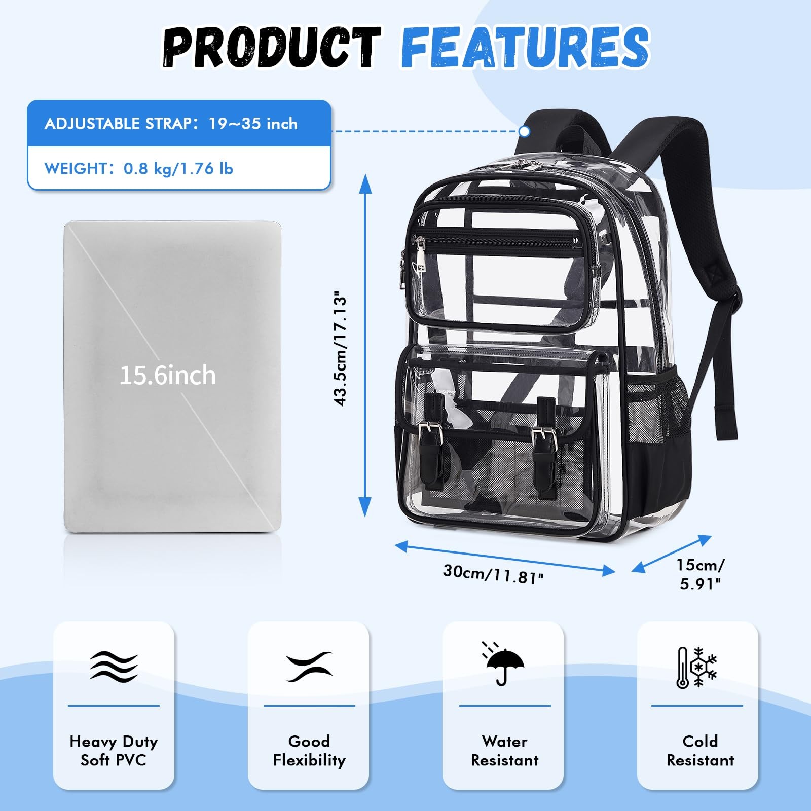 Black Large Clear Backpack Heavy Duty 11.8 x 5.9 x 17.1 Inch