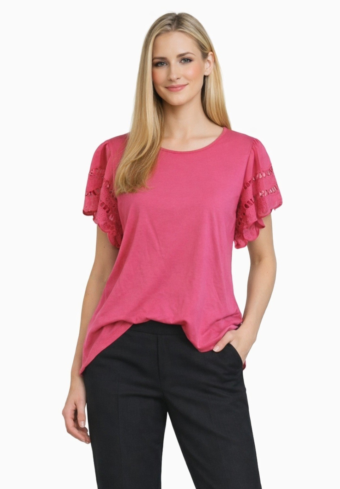 ST JOHNS BAY Womens Pink Blouse Sz Large Ruffled Cutout Eyelet Short Sleeve NWT