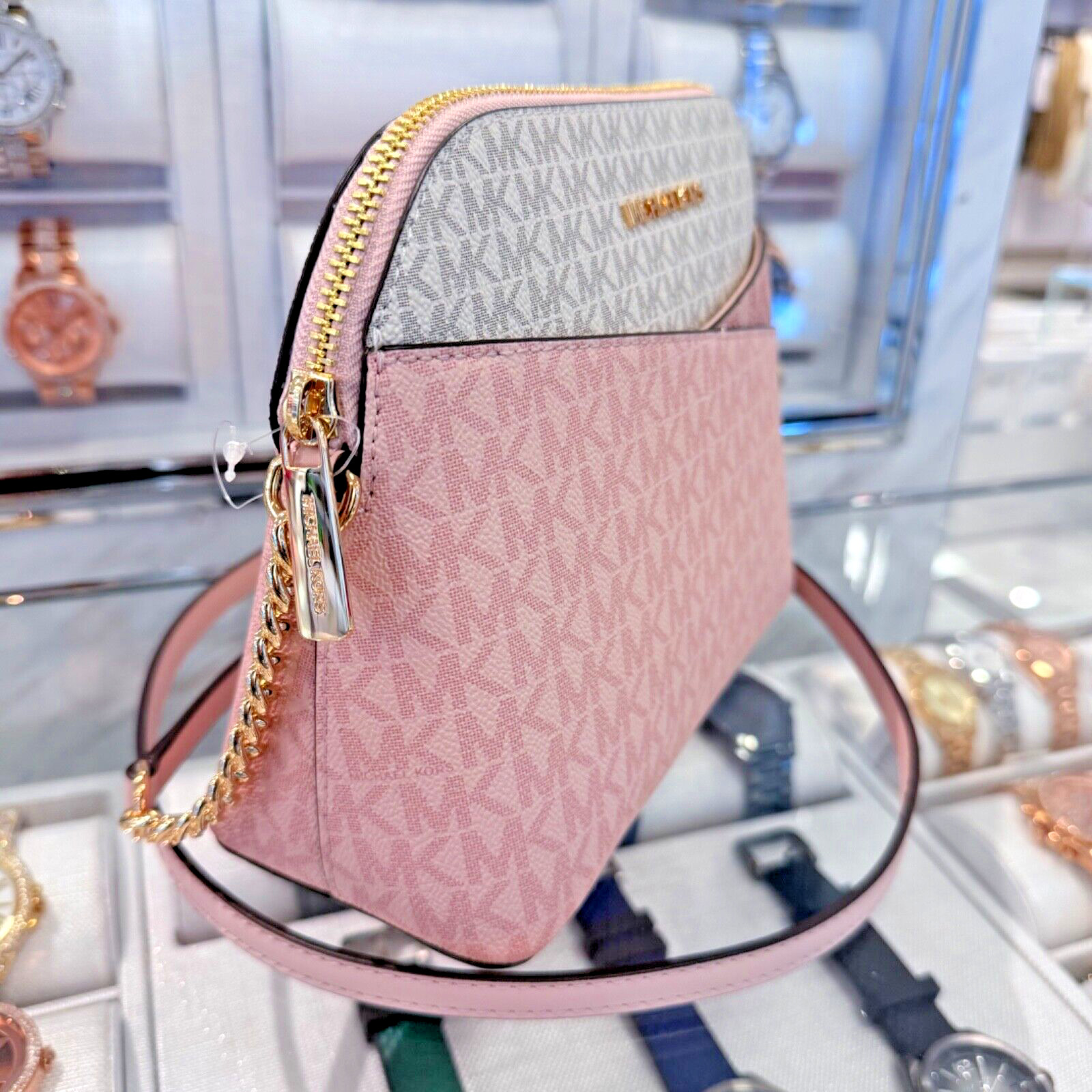 Michael Kors Jet Set Travel MD Dome Crossbody Bag MK Signature Rose Powder Multi