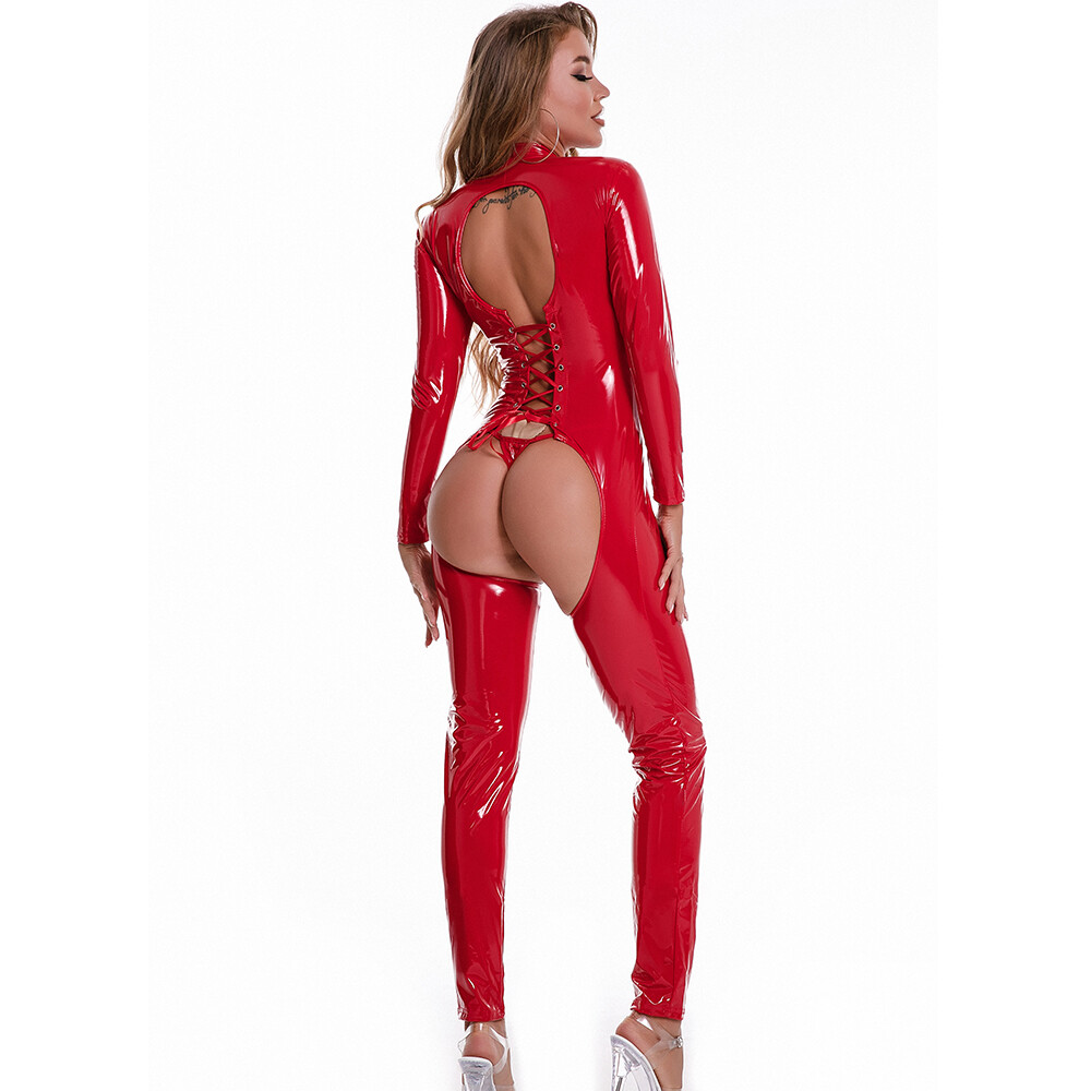 Womens PVC Leather Shiny Wet Look Jumpsuit Crotchless Bodysuit Catsuit w/ T-back