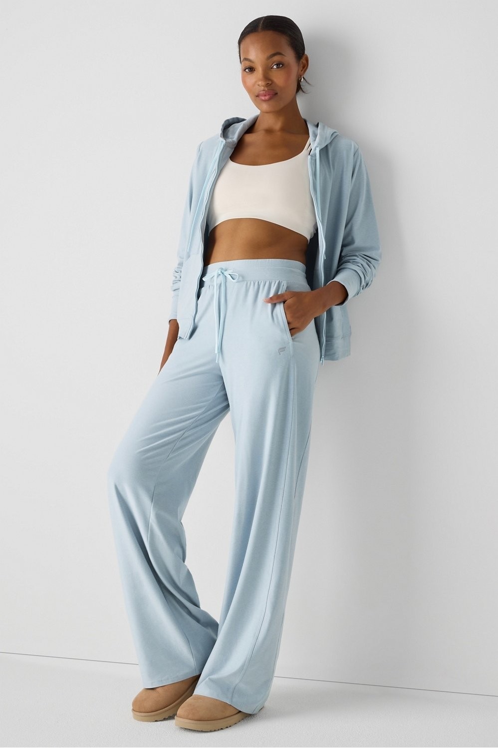 FABLETICS CLOUD JERSEY WIDE LEG PANT – ICED OUT HEATHER – SMALL