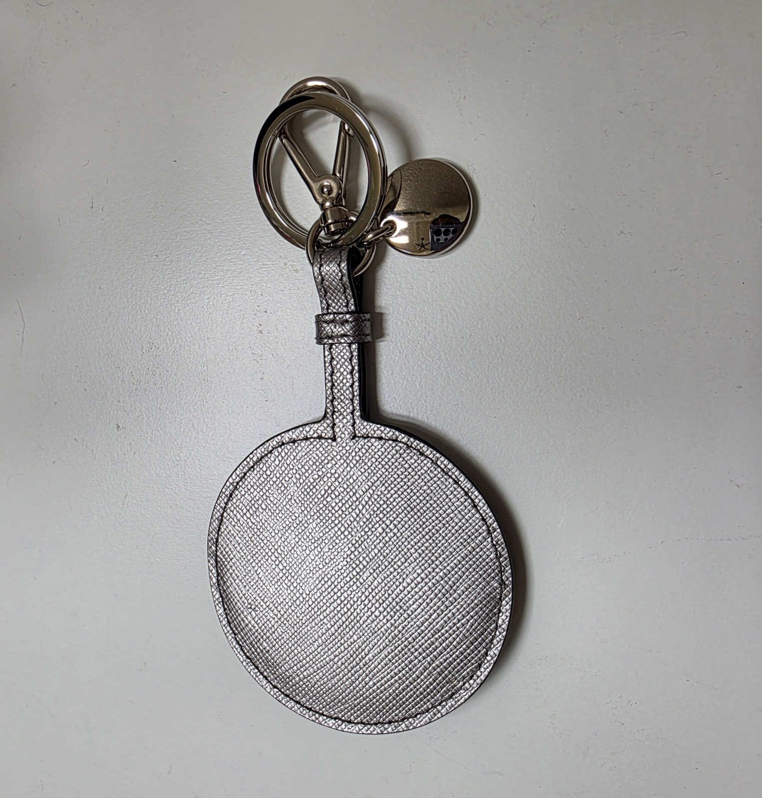 PRADA Silver Mirror Key Chain Keyring with Clip In Silver Saffiano Leather