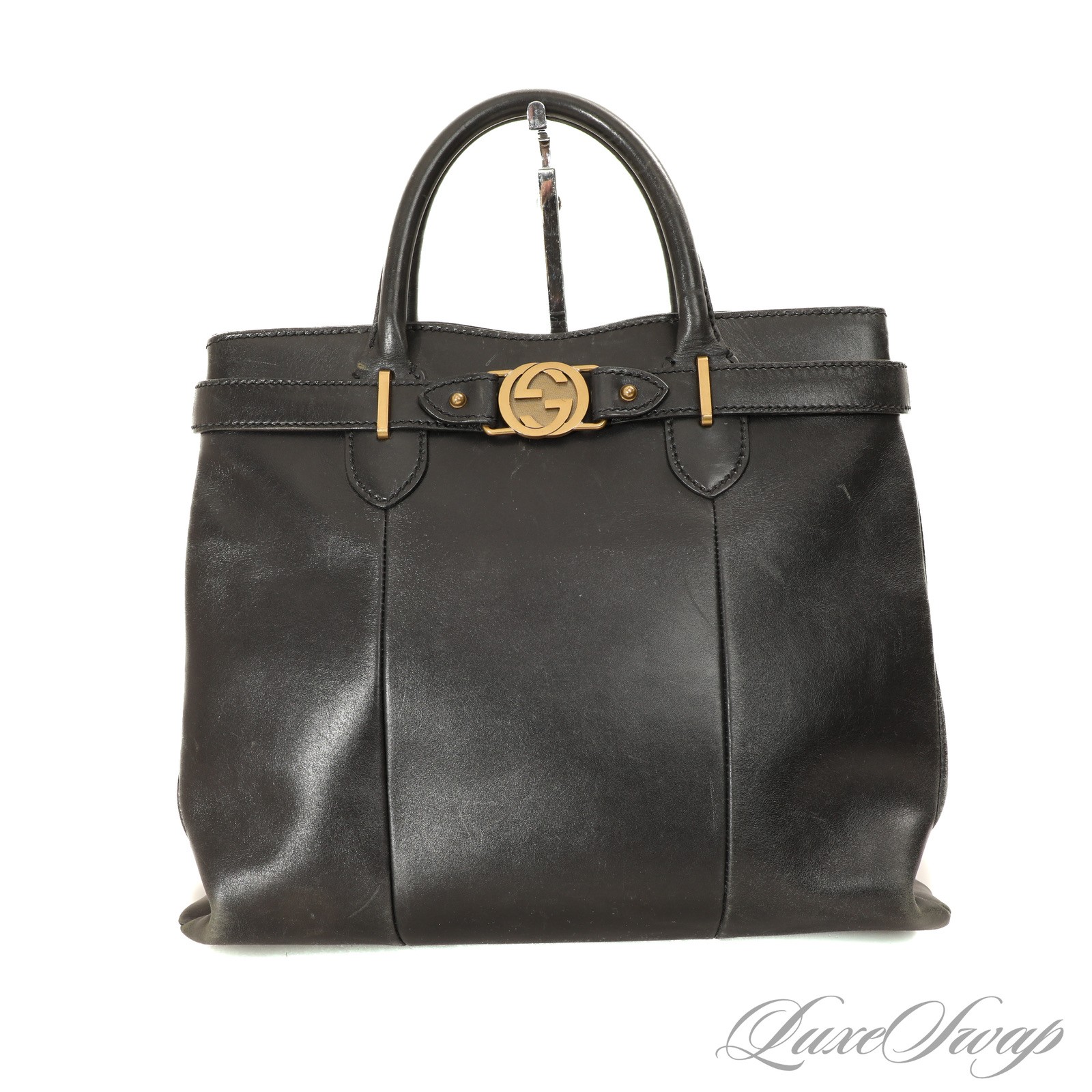 Gucci Made in Italy Black Running Leather Marmont Buckle Handbag Bag #16E008