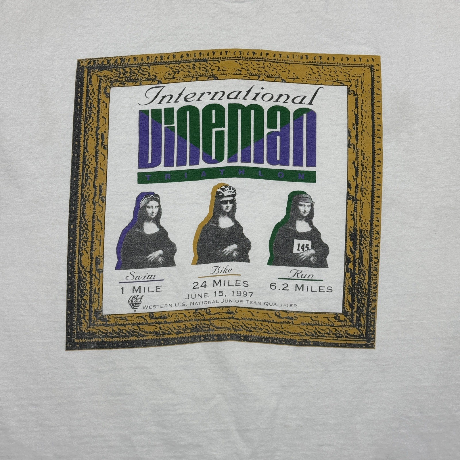 1997 Vintage Mona Lisa Triathlon Athlete Sponsor Promo White Large Oneita Shirt