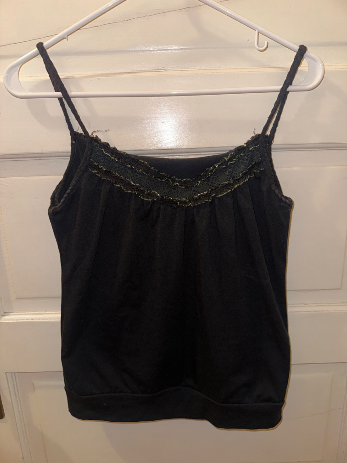 Black Lace Trim Metallic Shimmer Camisole Braided Spagetti Strap Tank Top