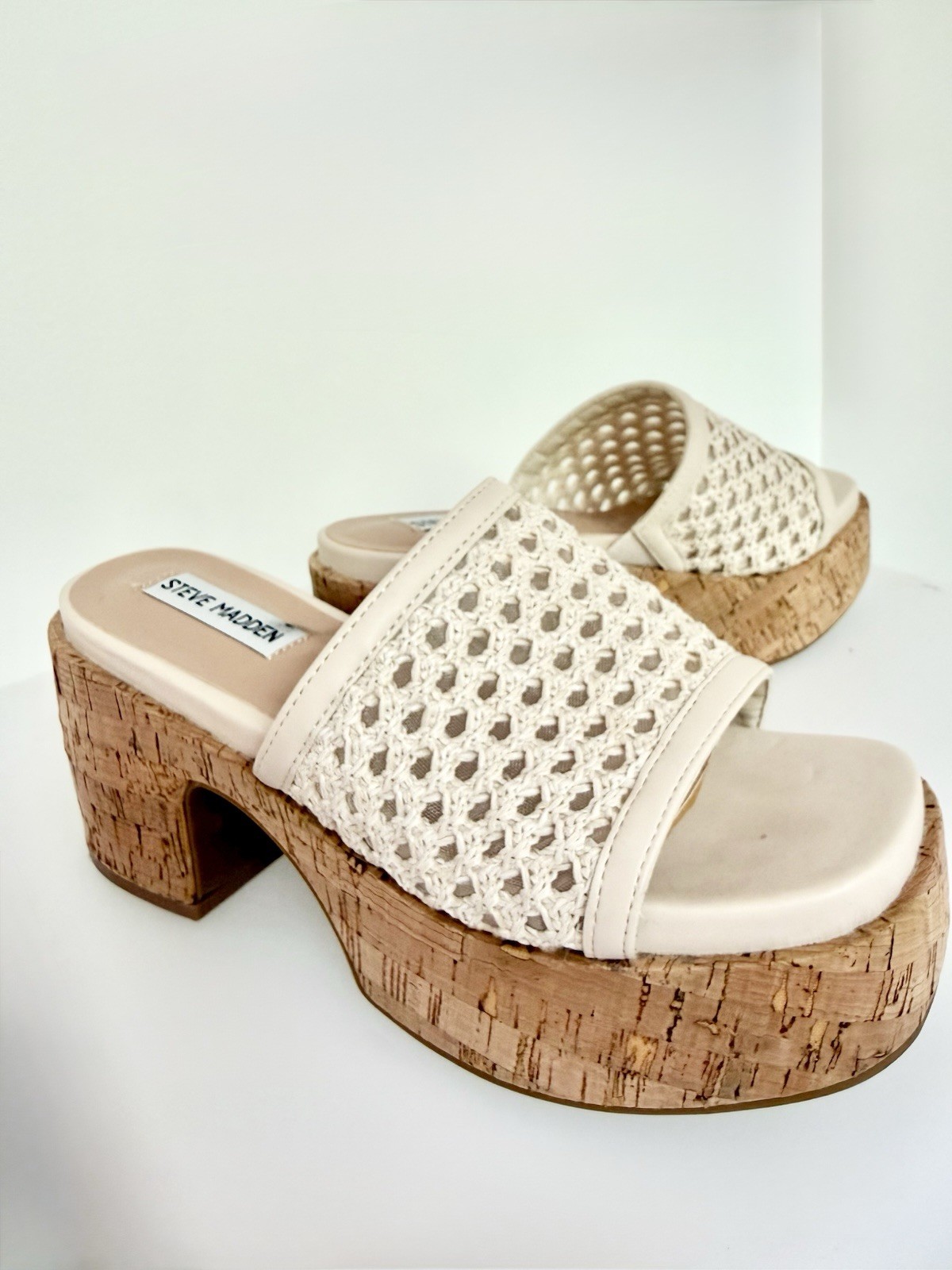 Steve Madden Beige/Tan Crochet Platform Mule Block Heel Open Toe Slip On 6.5