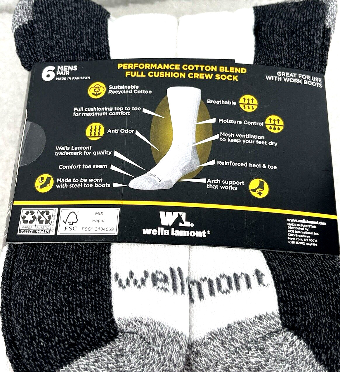 Wells Lamont Men’s Work Crew Socks 6-Pk White/Gray Great For Steel Toe Boots