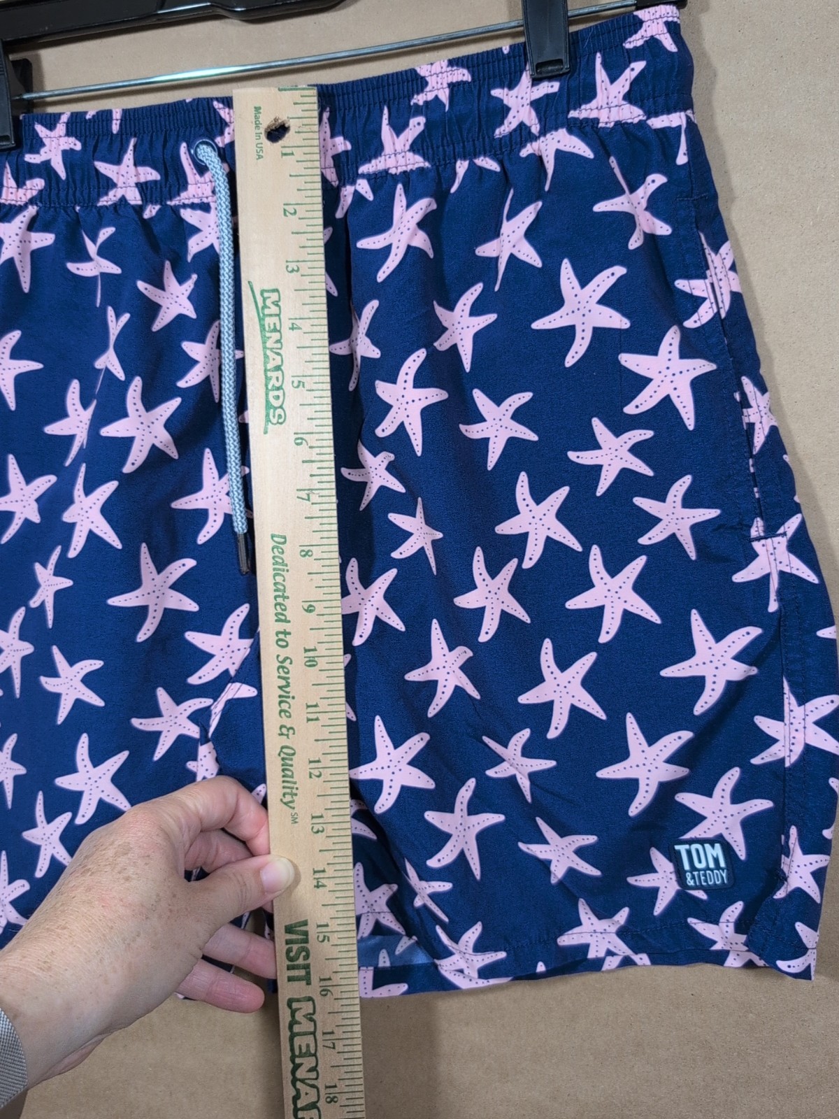 Tom & Teddy Men’s Medium Swim Trunks Purple With Pink Starfish Lined, Pockets