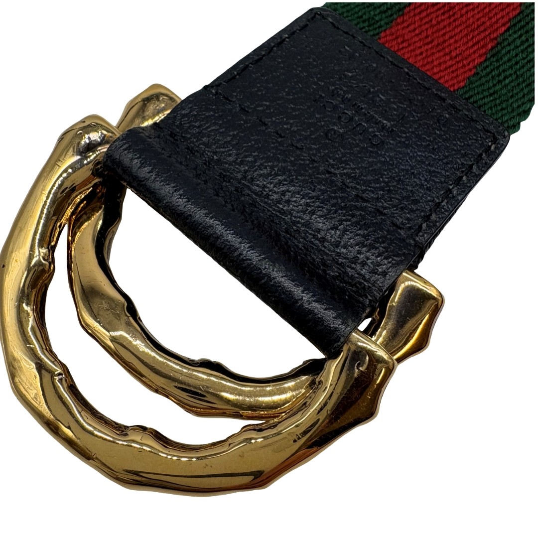 Auth GUCCI Banboo Buckle Web Stripe 80/32 Belt 132173 Green Canvas #36638429