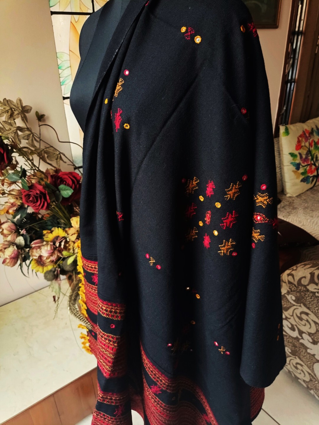 Traditional Tribal RAJASTHANI Shawl. Jacquard Design Mirrorwork Wool Blend Wrap.