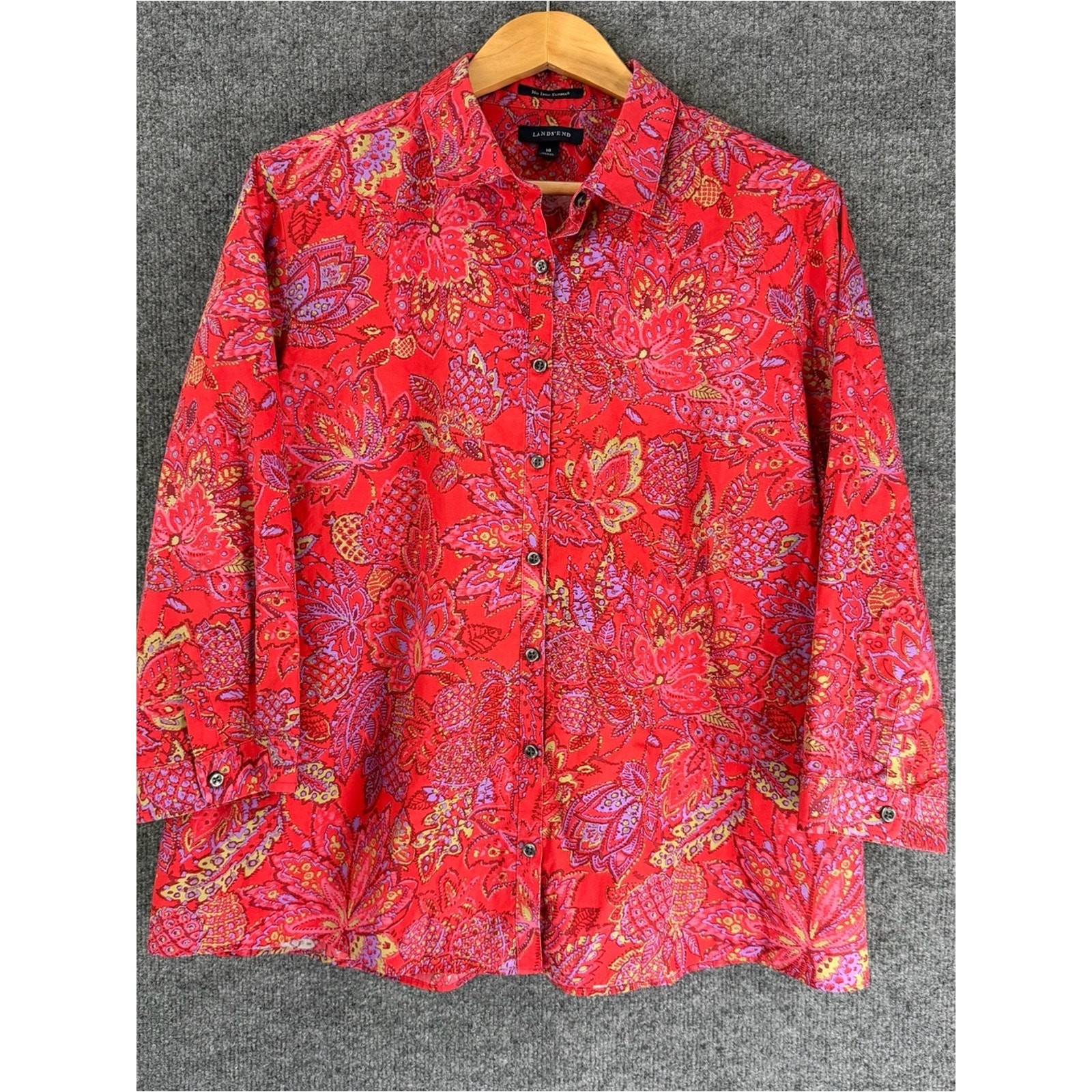 Lands’ End Womens 3/4 Sleeve Floral Button Up Top Size 18 Pink Office Career