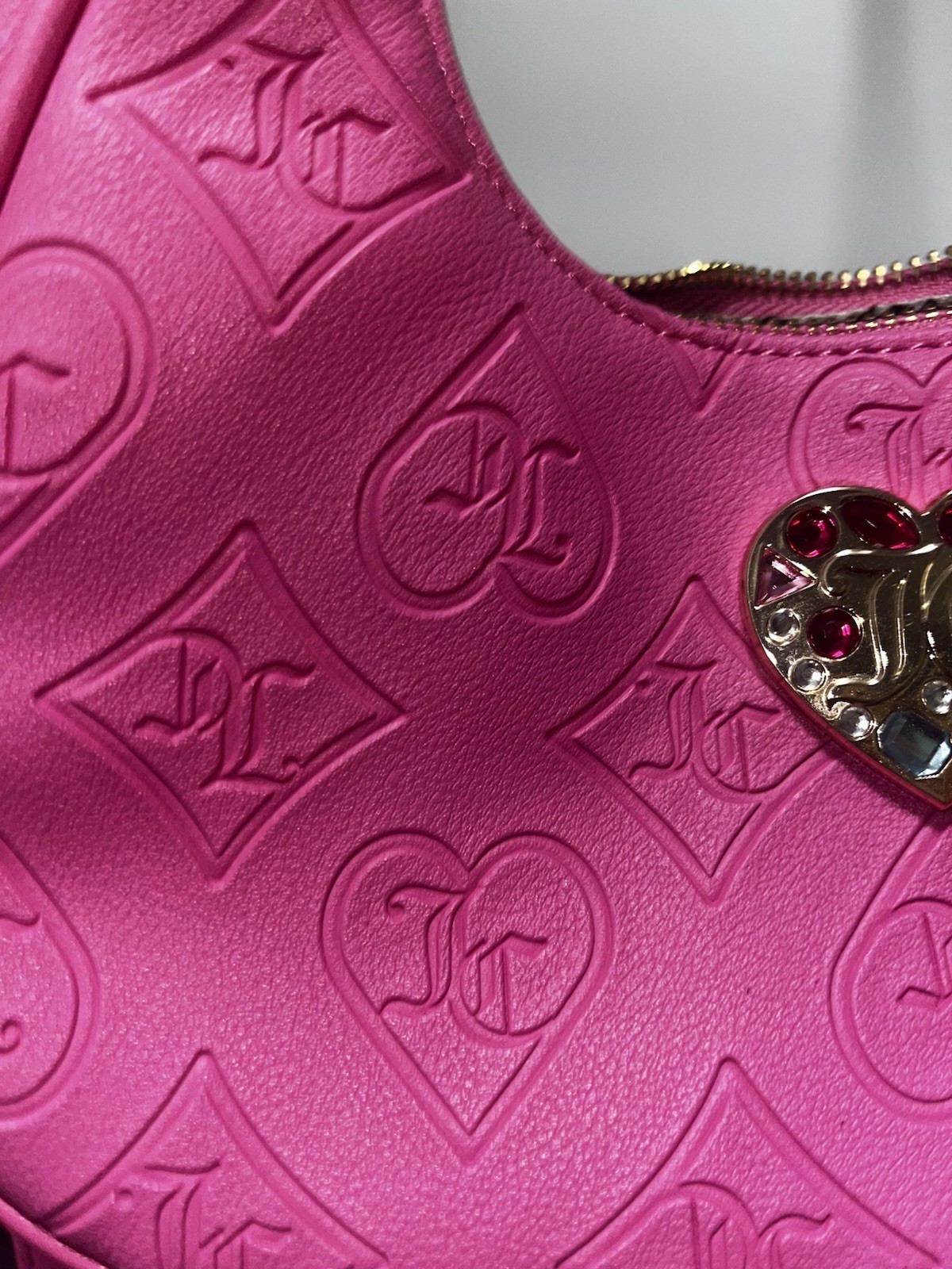 Juicy Couture Pink Embossed Logo Hobo Shoulder Bag Rhinestone Heart Charm Zip