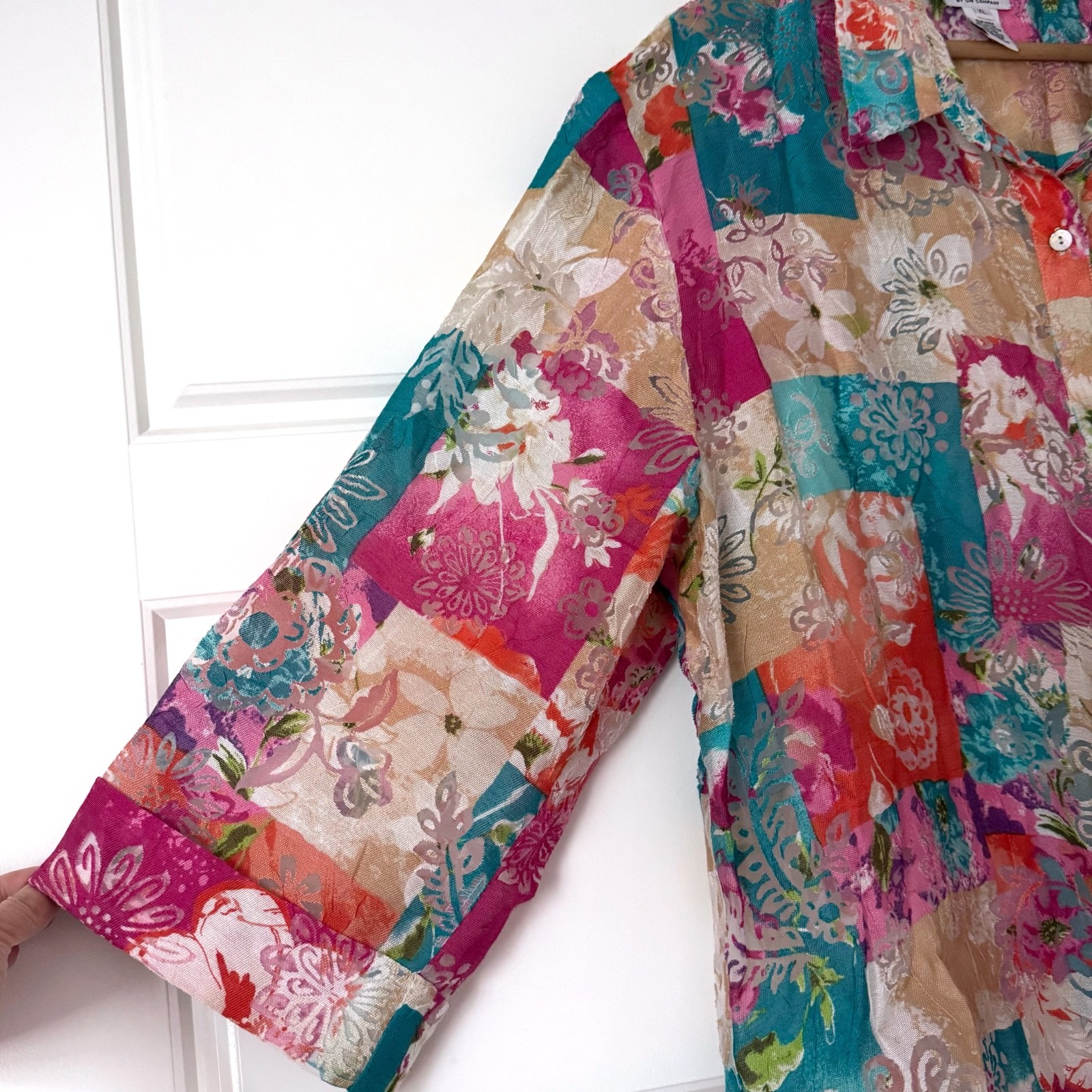 Vintage Graff Floral Patchwork Button Up Shirt XL Whimsical Boho Artsy Funky