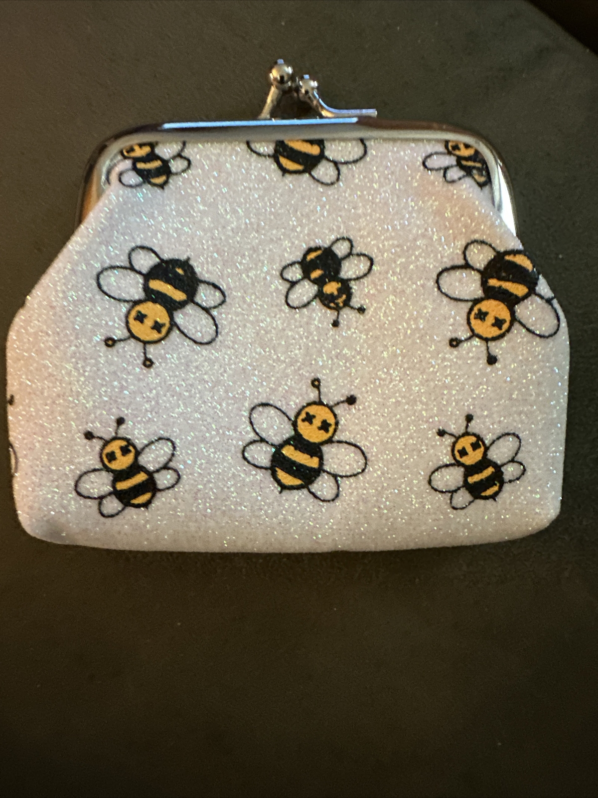 White With Multi Colored Glitter XS Coin Change Purse With Black And Gold Bees