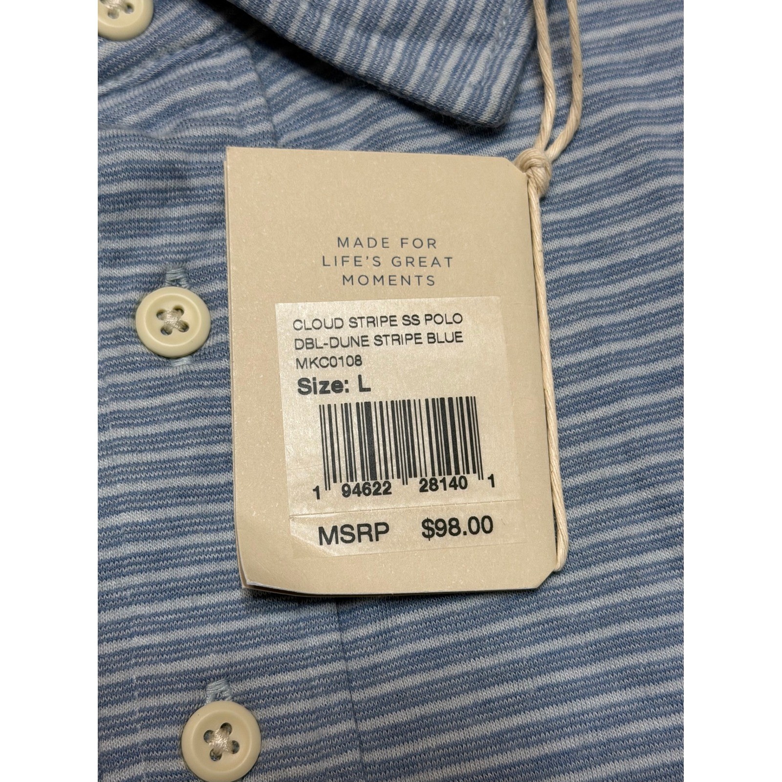 Faherty Cloud Cotton Stripe SS Soft Polo Dune Blue Mens Sz Large NWT