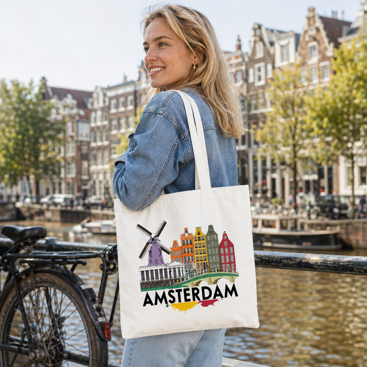 Amsterdam Cityscape Canvas Tote Bag, Casual Travel Use