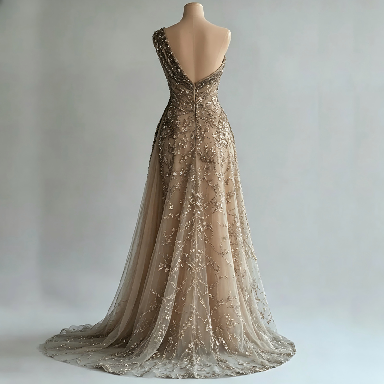 Champagne One Shoulder Sequin Beaded Evening Prom Dresses With Train