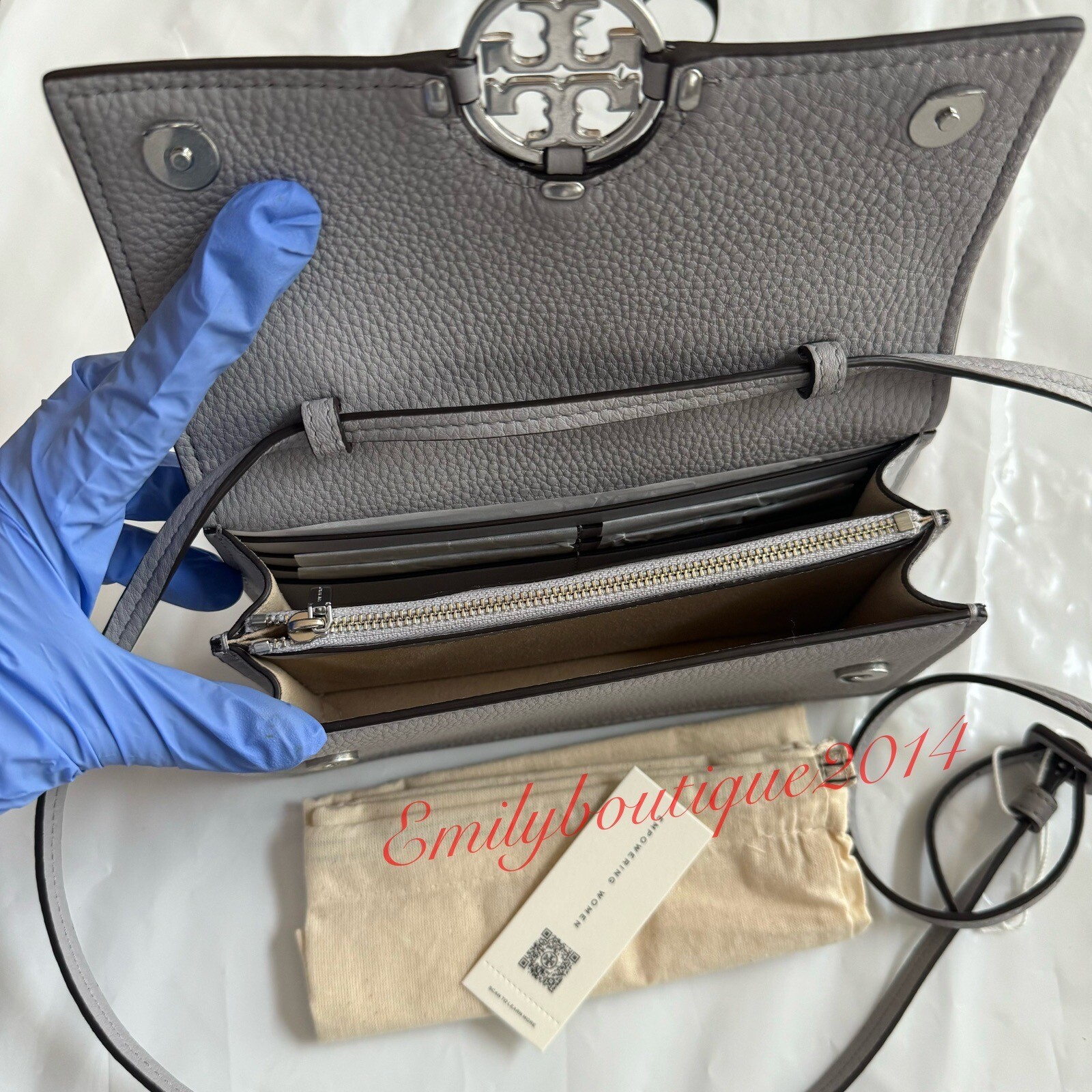 NWT Tory Burch 137145 Miller Wallet Crossbody Pebble Leather Bay Gray Bag