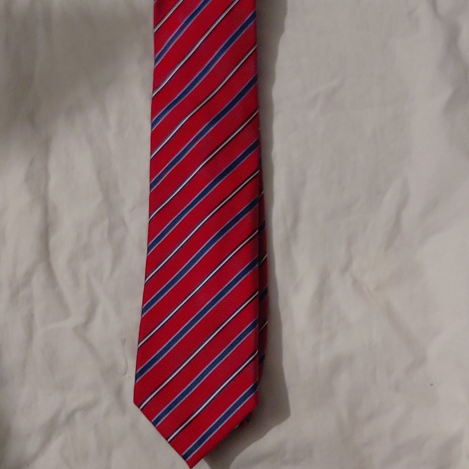 Tasso Elba Red Blue White Striped Woven Silk Men’s Pointed Tie Logo Accent