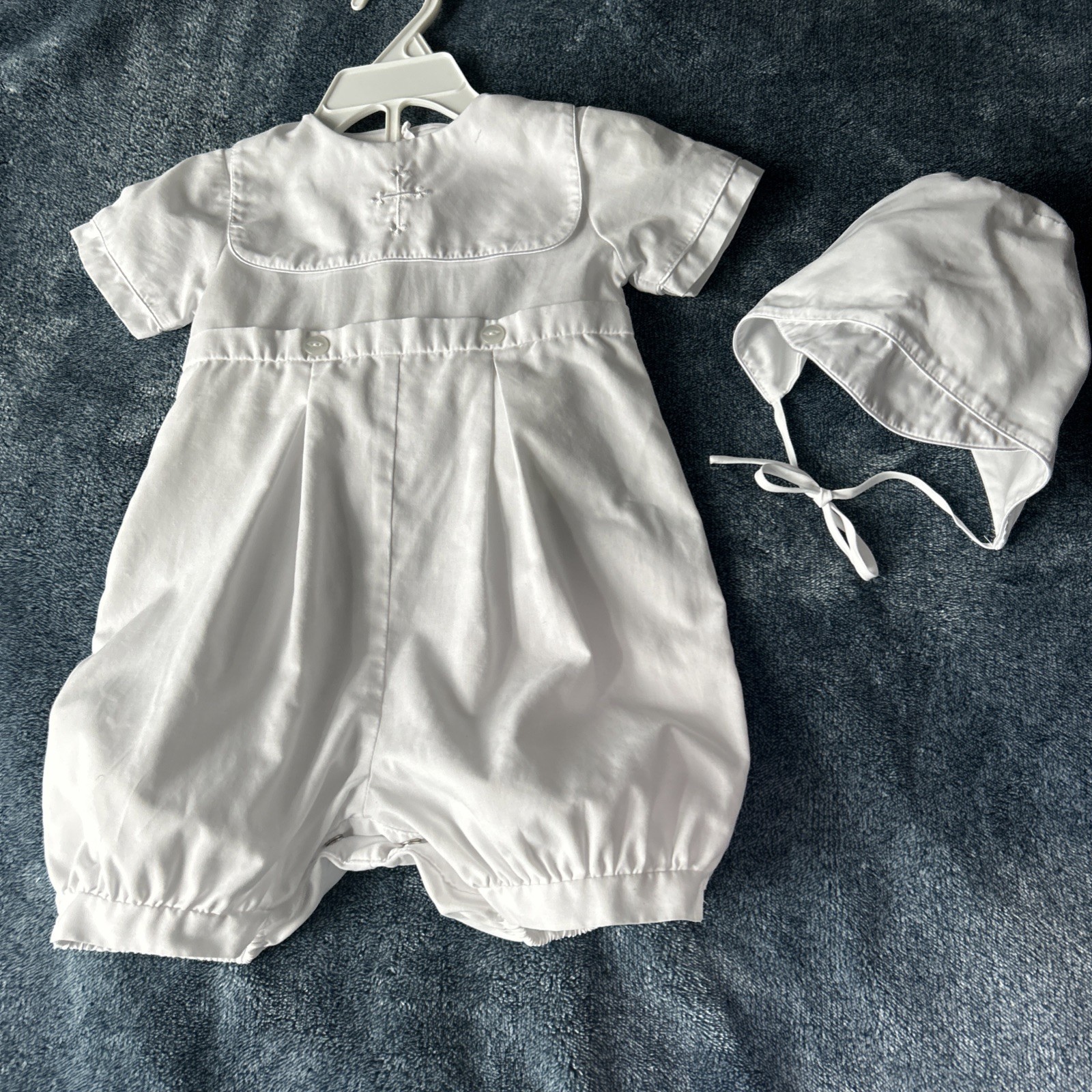 Petit Ami Boys White Pintuck Romper & Hat Baby Baptism Christening – 9 Months