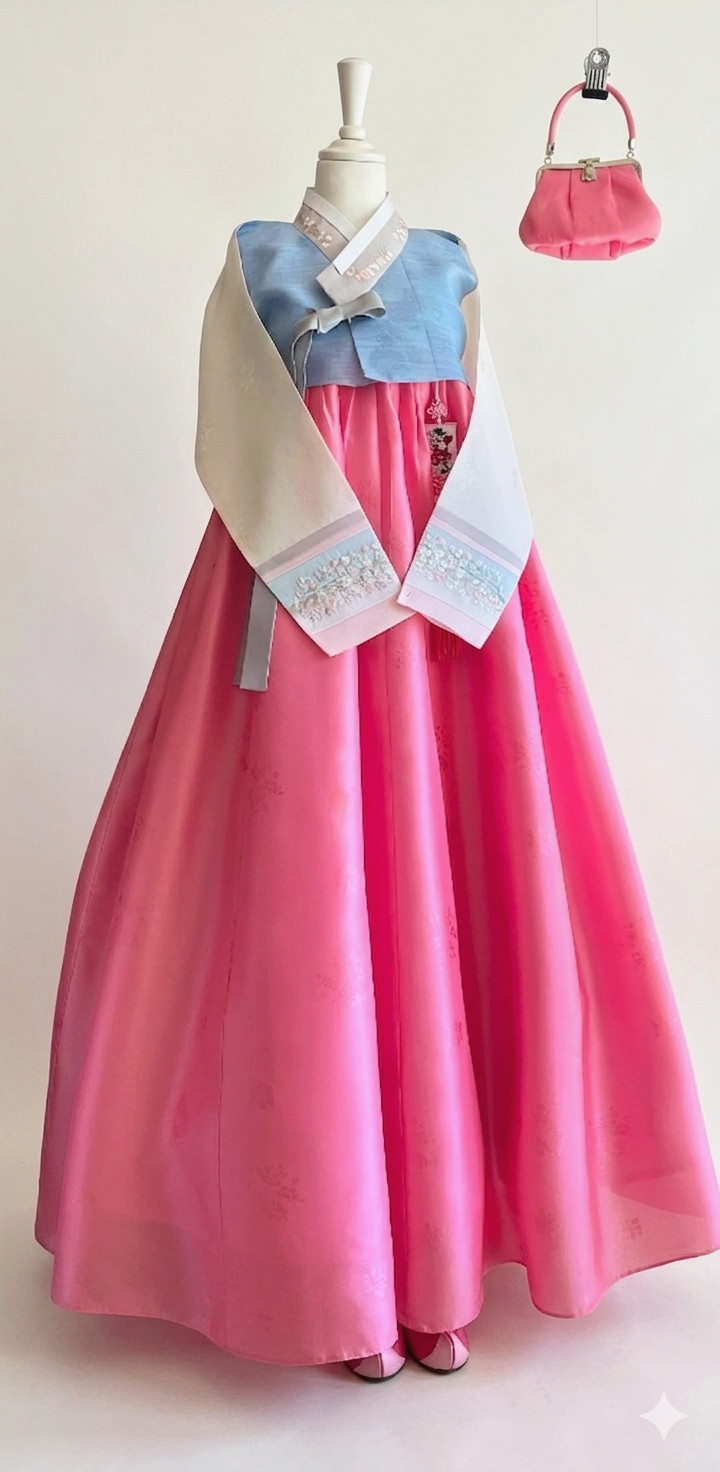 Premium Silk Traditional Korean Hanbok Dress–Light Blue & Pink/Hand bag / Junior