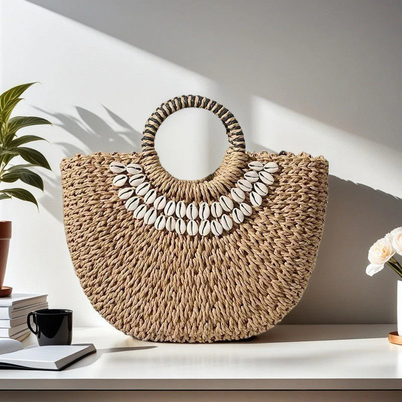 Bohemian Beach Handbag – Woven Semi-Circle Beach Handbag | Summer Vacation Boho