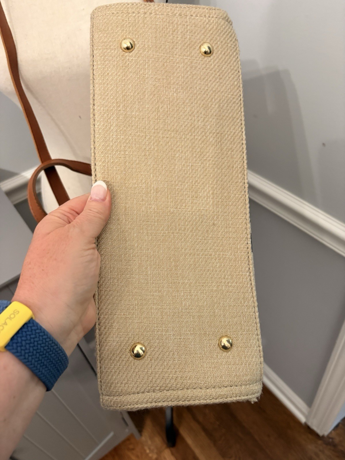Beige Black Striped Tote Bag Brown Leather Top Handles Detachable Strap Snap