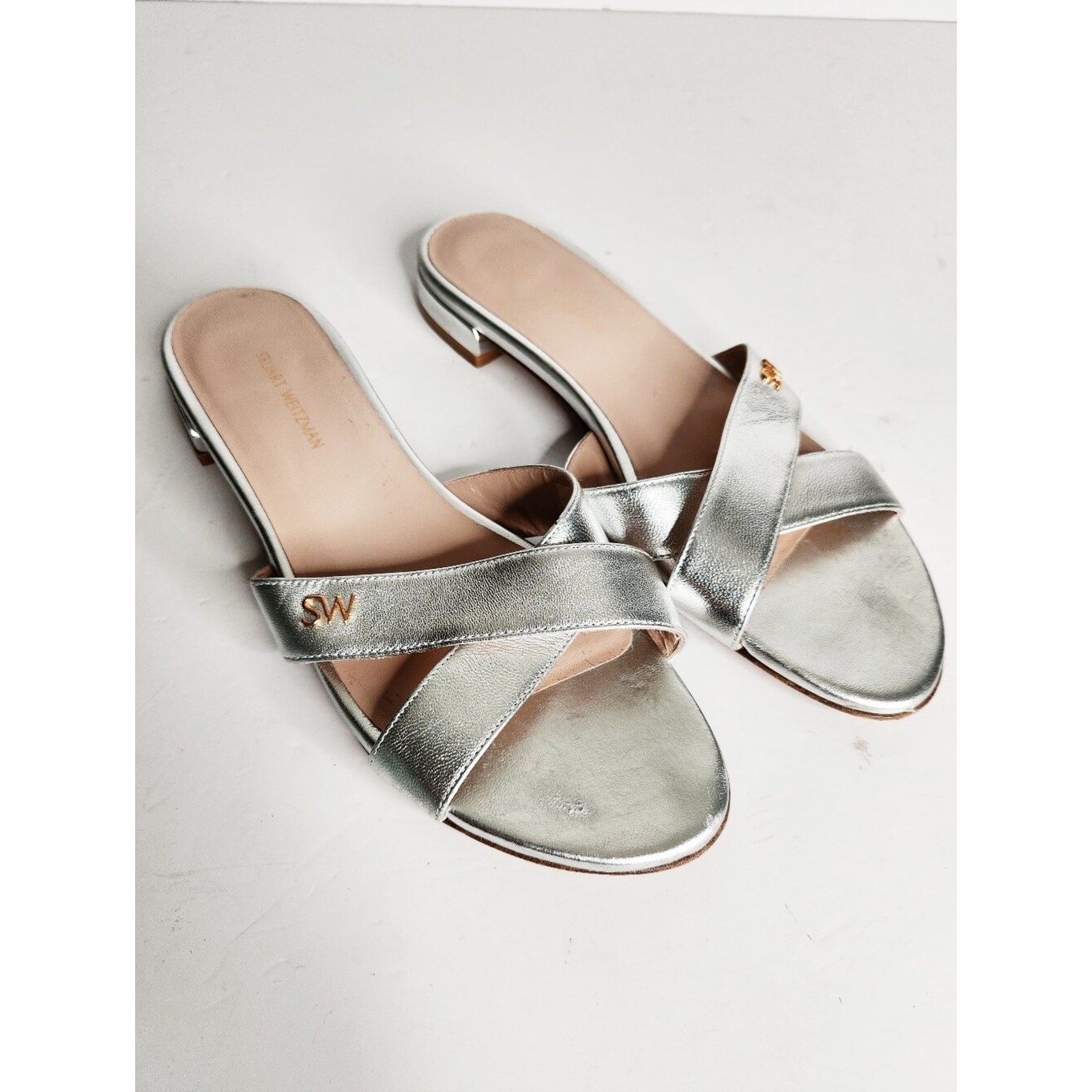 Stuart Weitzman Lunaria PYB Metallic Silver Nappa Leather Sandals Women Size 8.5