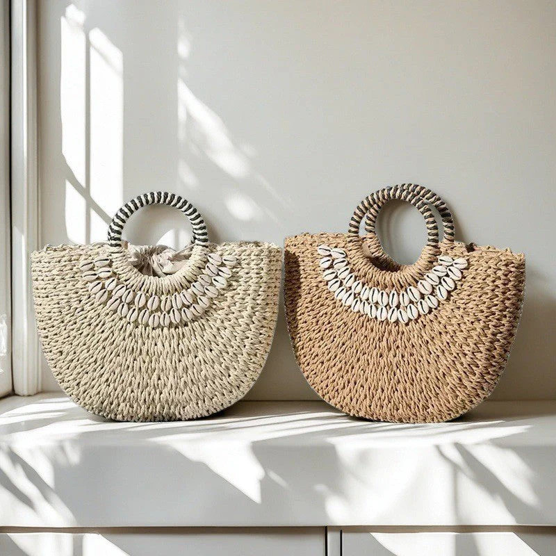 Bohemian Beach Handbag – Woven Semi-Circle Beach Handbag | Summer Vacation Boho