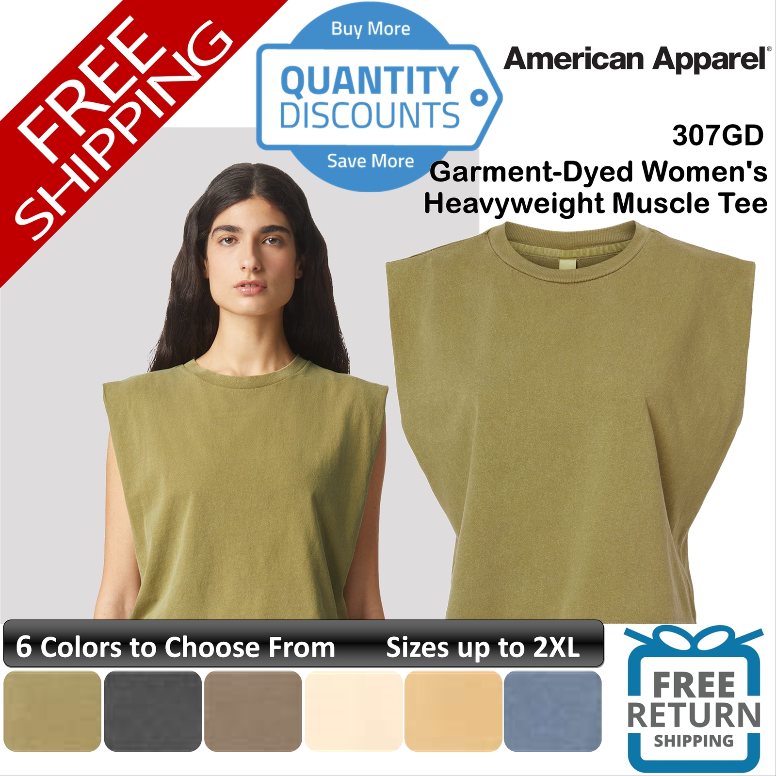 🔥 American Apparel Garment-dyed Women’s Heavyweight Muscle Tee Up To 2XL 307gd