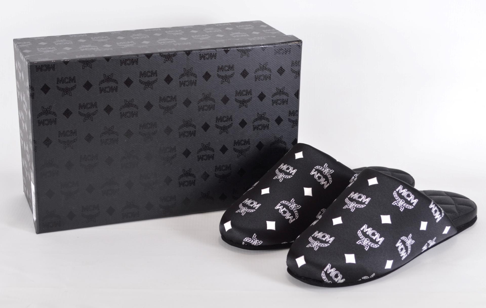 New MCM Men’s Black Silk Visetos Cushioned Slides Room Slippers Size M/L