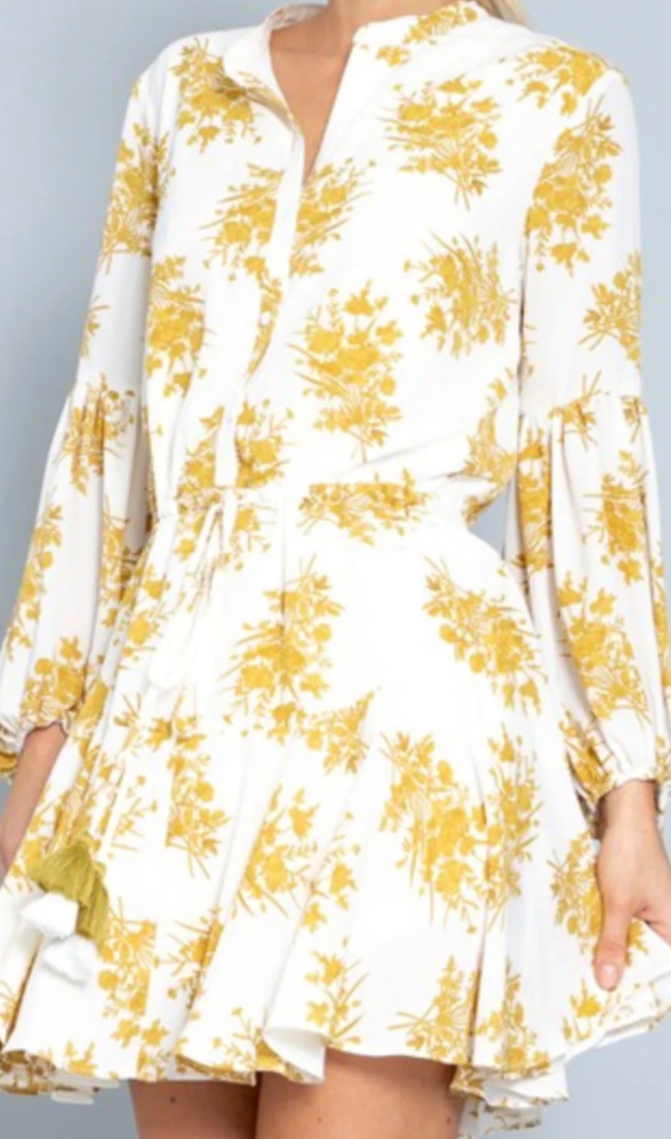 Cream & Gold Button Down Aaaka Sleeve Pleated Flare Dress with Tassel Tie Waist