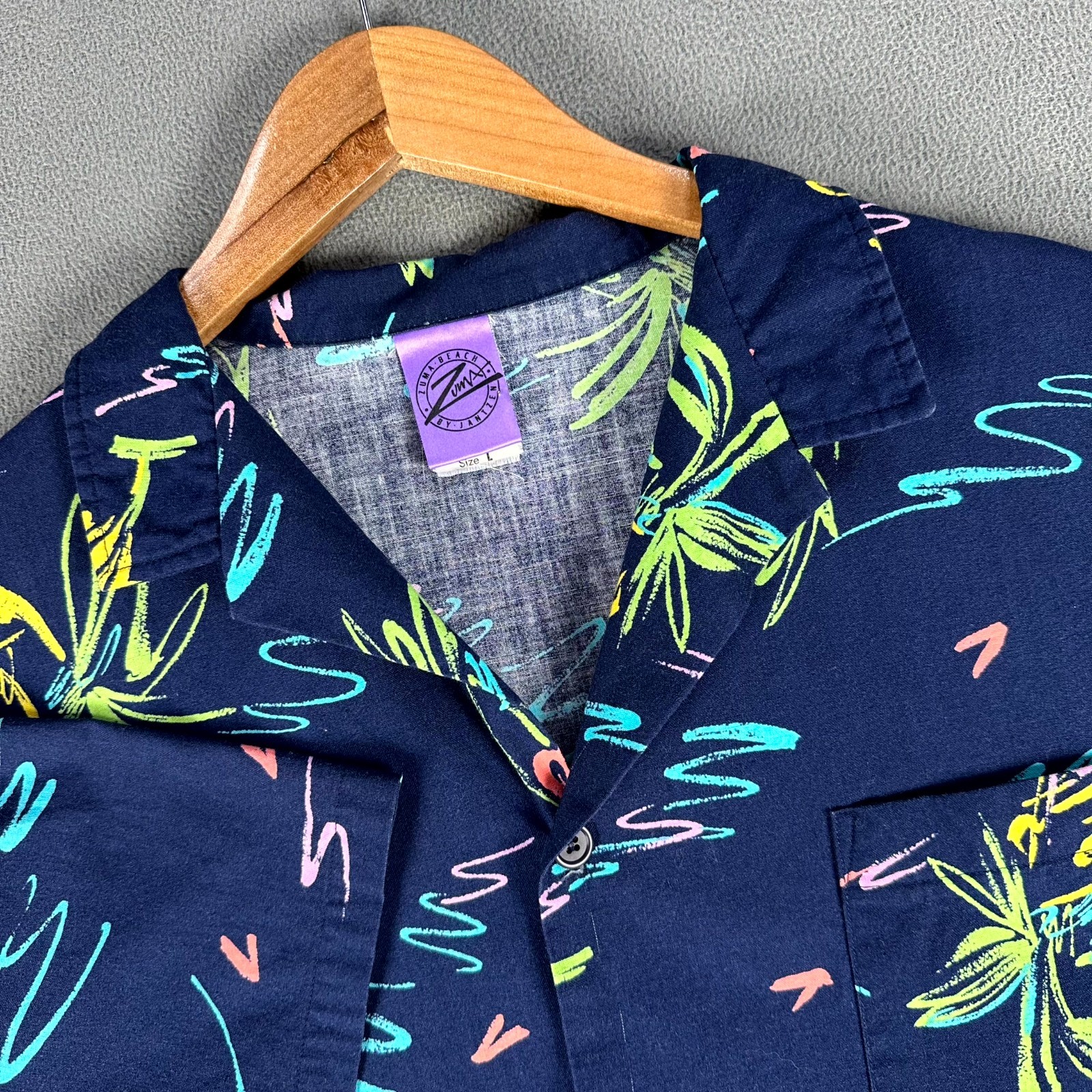 Jantzen Shirt Large Blue Zuma Beach Neon Hawaiian Pineapple Vintage Camp Collar