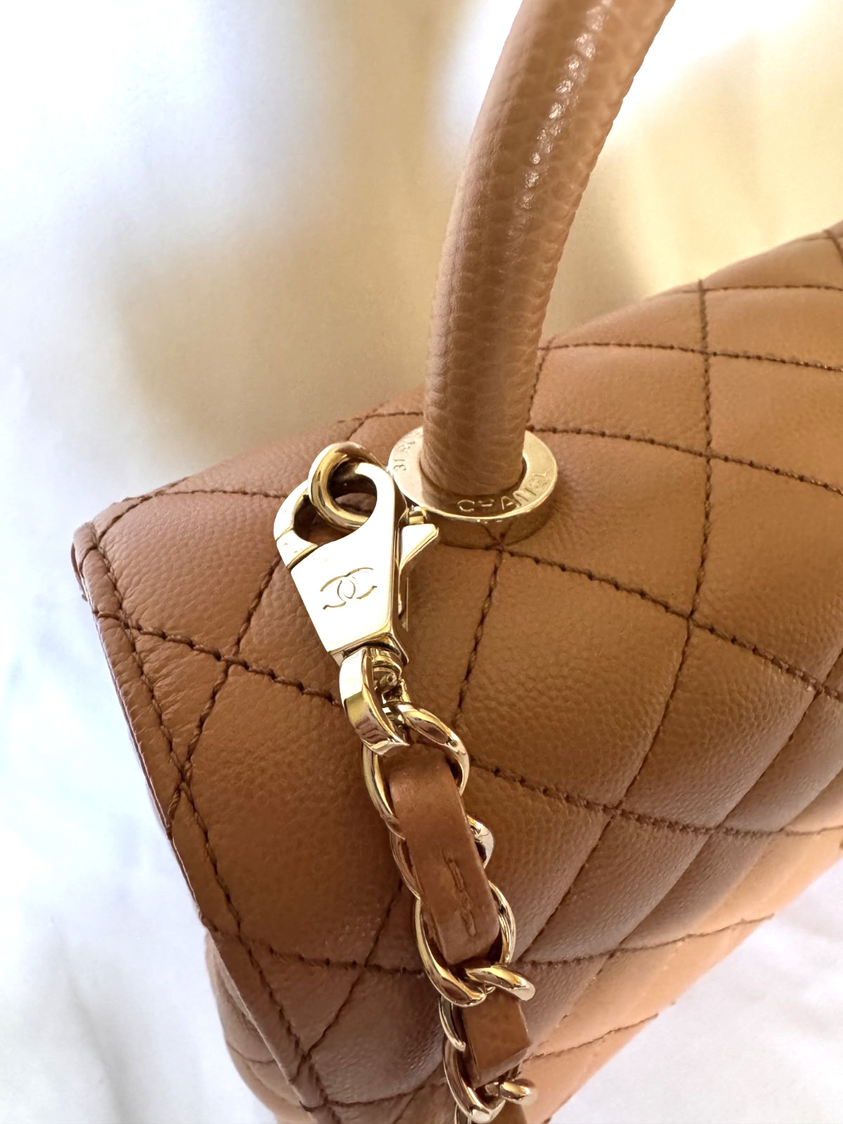 Chanel small flap bag with top handle caramel/cognac brown caviar leather