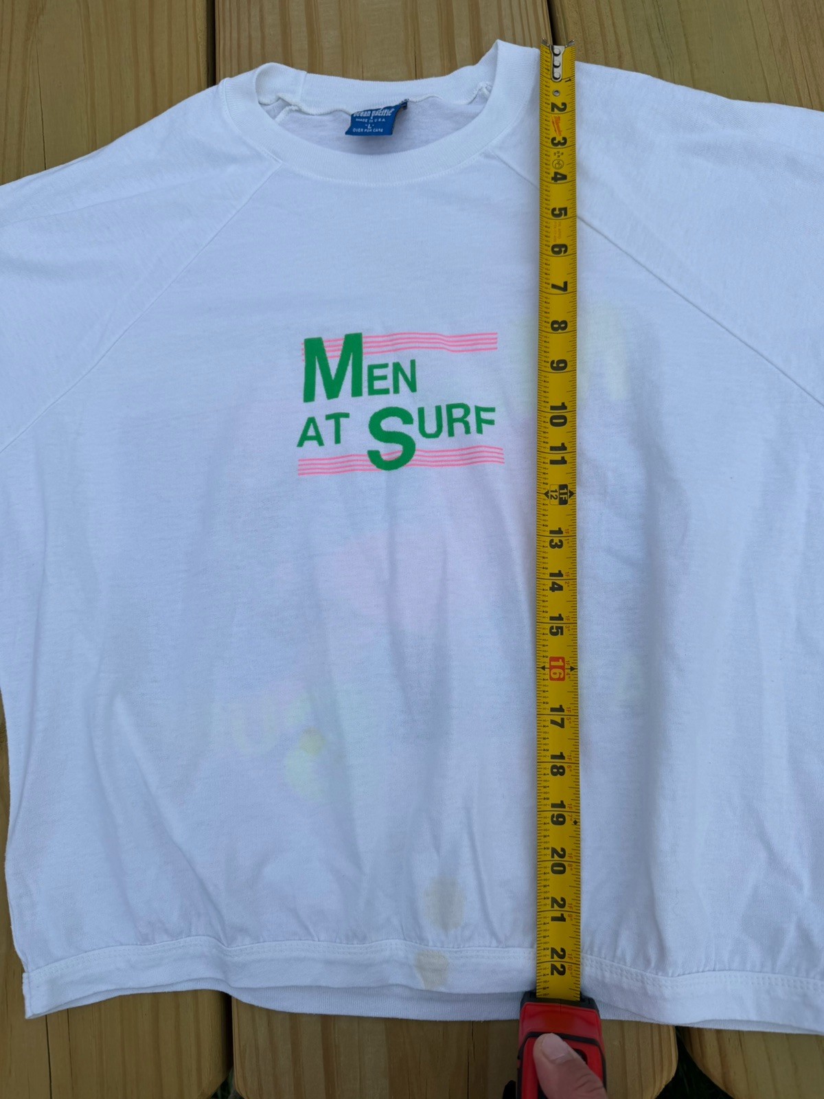 Vintage 80s Ocean Pacific “Men at Surf” neon surfing graphic banded L retro Cali