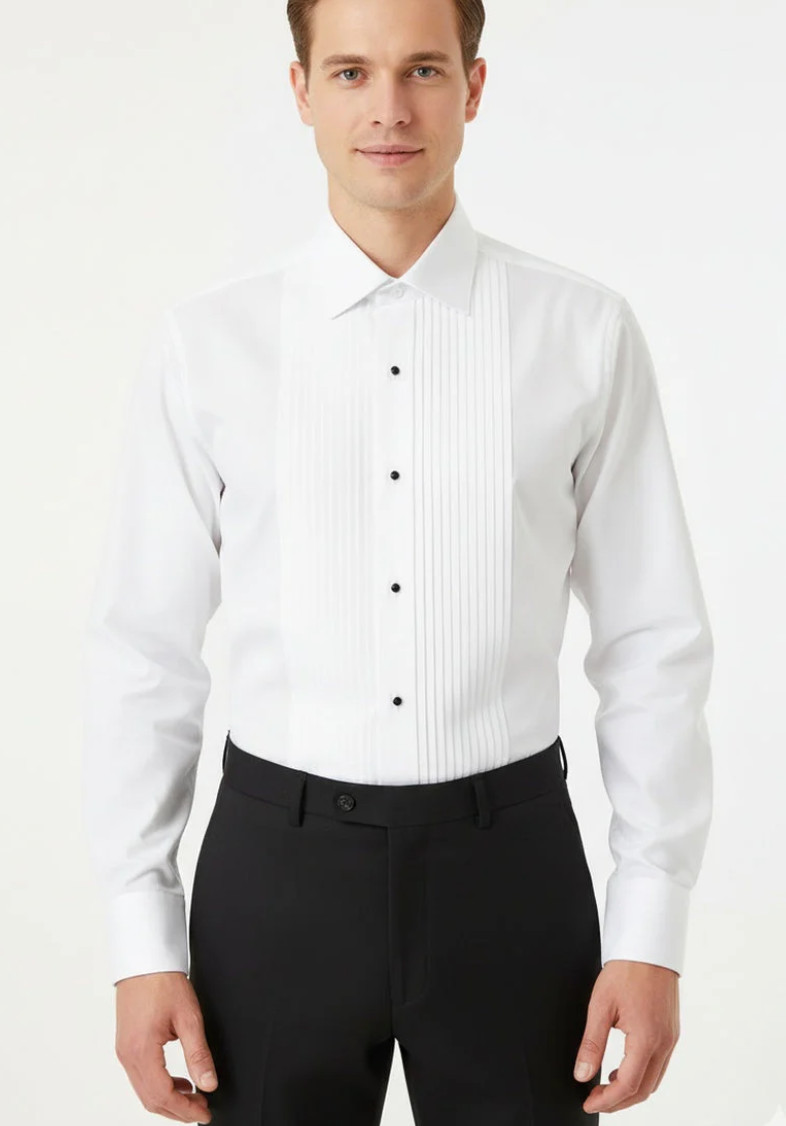 Men’s 100% Cotton Regular Collar 1/4″ Pleated French Cuff Tuxedo Shirt Reg Fit