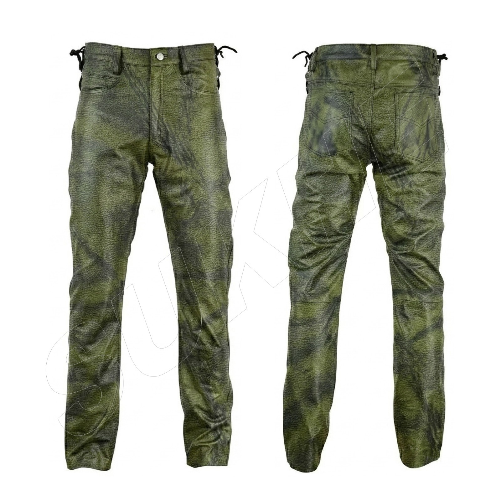 Hand Waxed Green Black Camouflage Look Men’s Cowhide Leather Pant Laces Pants