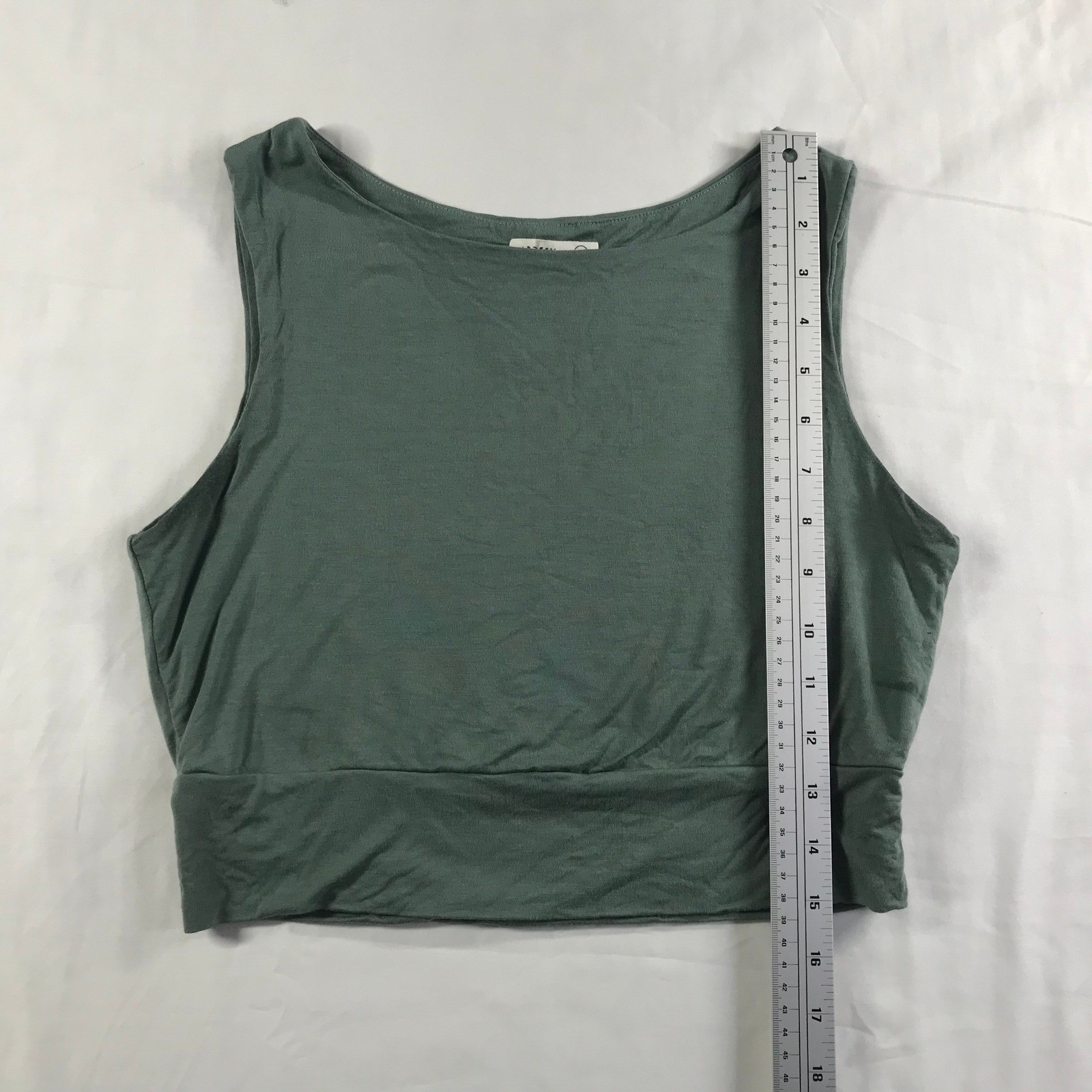 Sozy Sage Green Modal Blend Sleeveless Crop Top Boat Neck Banded Hem Large