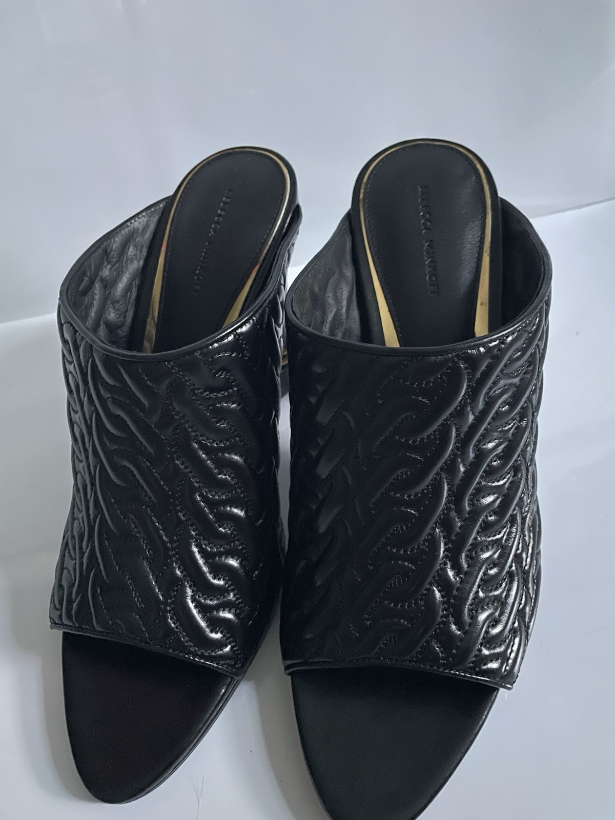 Rebecca Minkoff Black Quilted Leather Chain Open Toe Slip-On Mule Heels 10