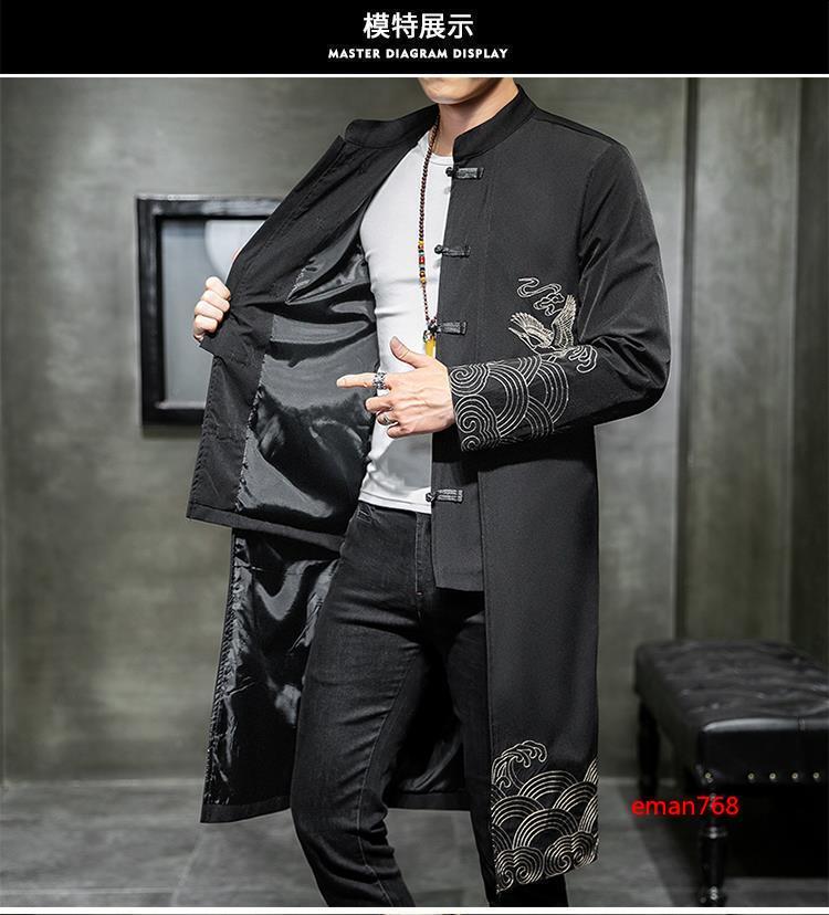 Chinese Style Tang Suit Jacket Mens Mid Long Buttons Slim Embroidery Coats Size