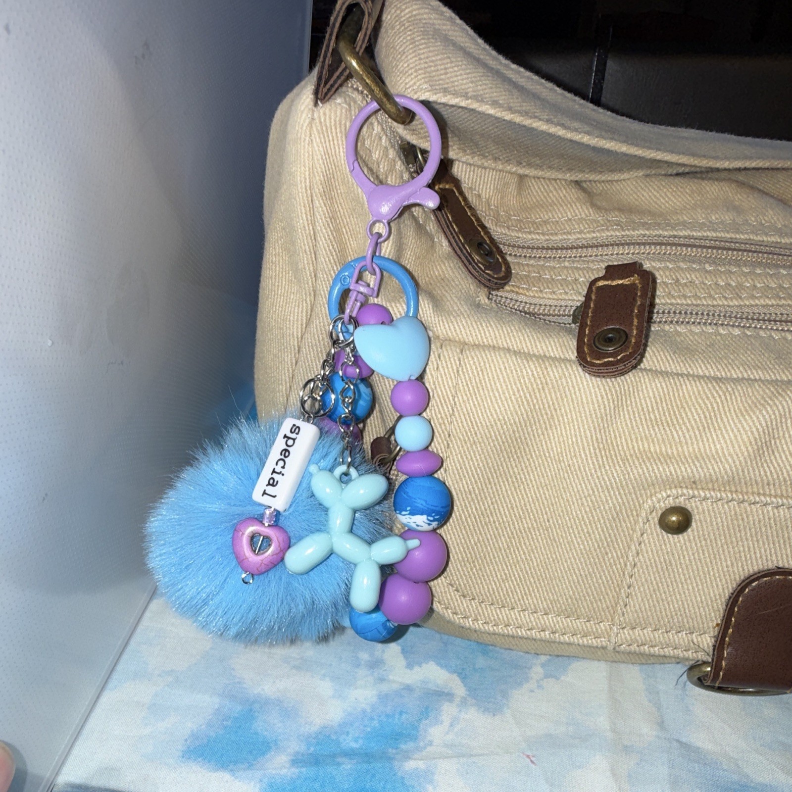 Blue & Purple Beaded Wristlet Key Chain/Bag Charm w/Pom Pom Heart