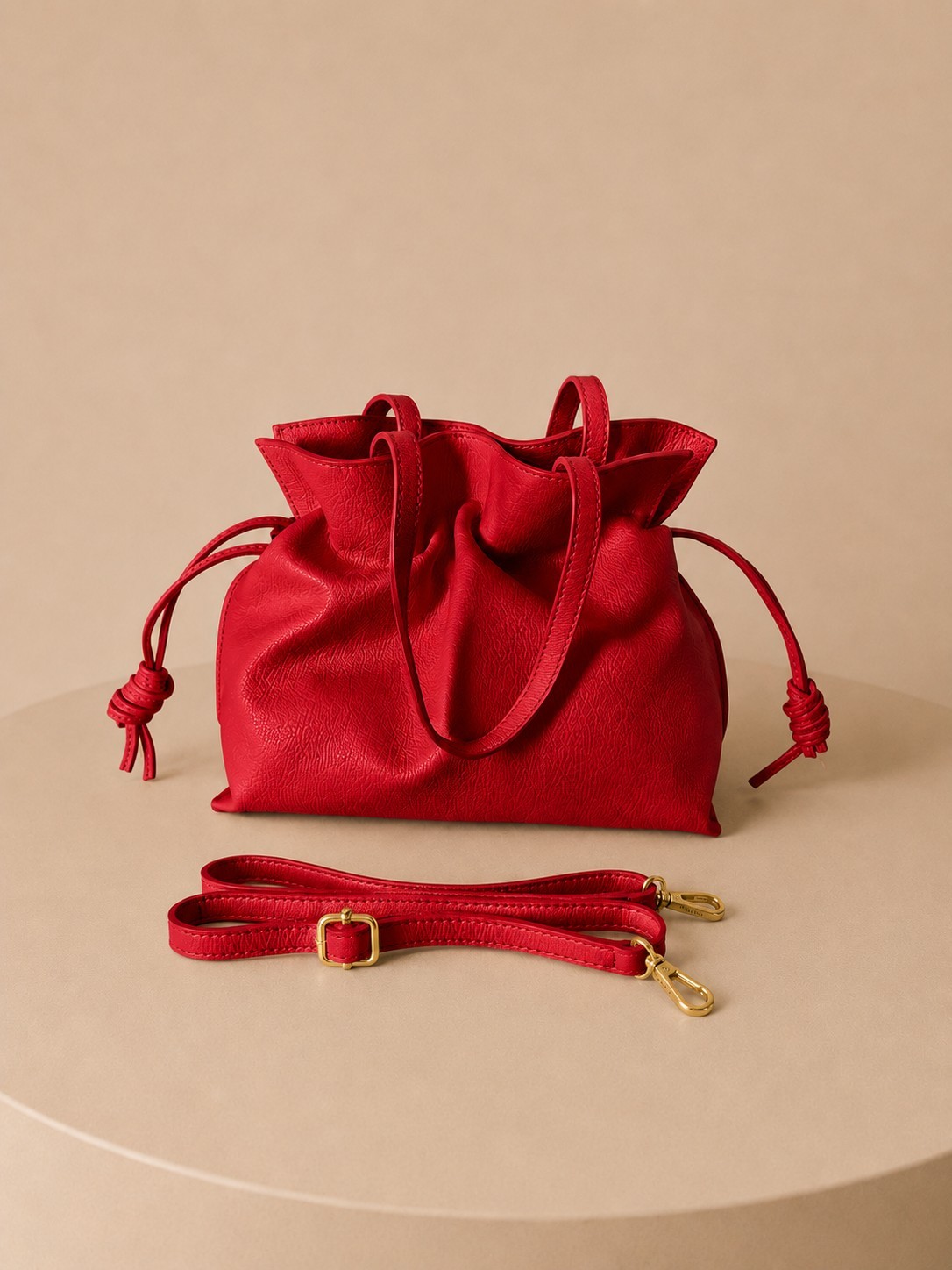 Red Italian Leather Bucket Bag, Soft Pebbled Leather Crossbody Bag