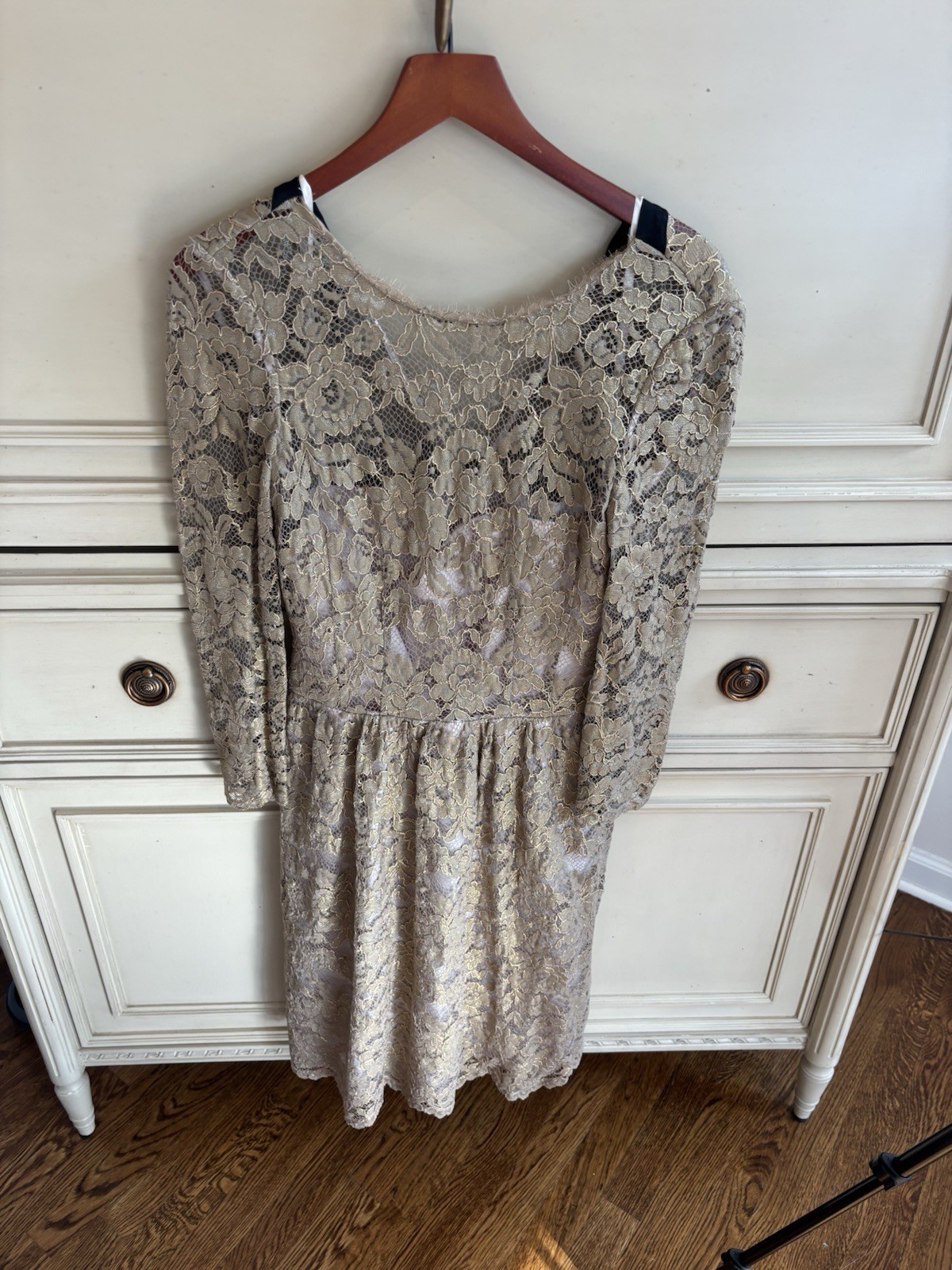 Boden Gold Lace Overlay Party Cocktail Dress Size 4 3/4 Sleeve Formal Lined