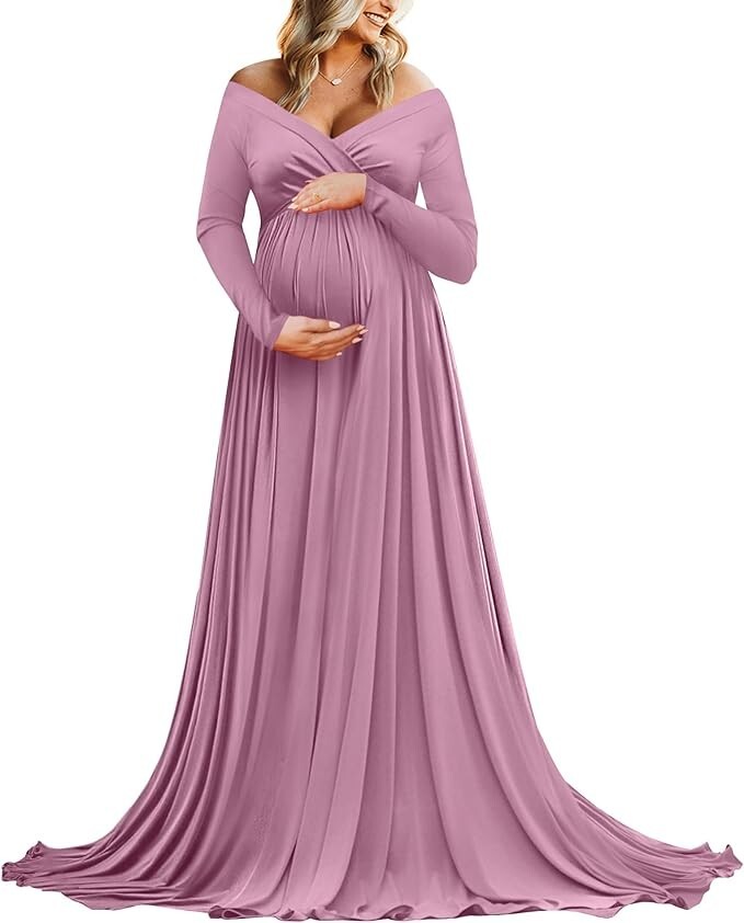 Saslax Maternity Off Shoulders Half Circle Gown for Baby Shower Photo Prop Dress