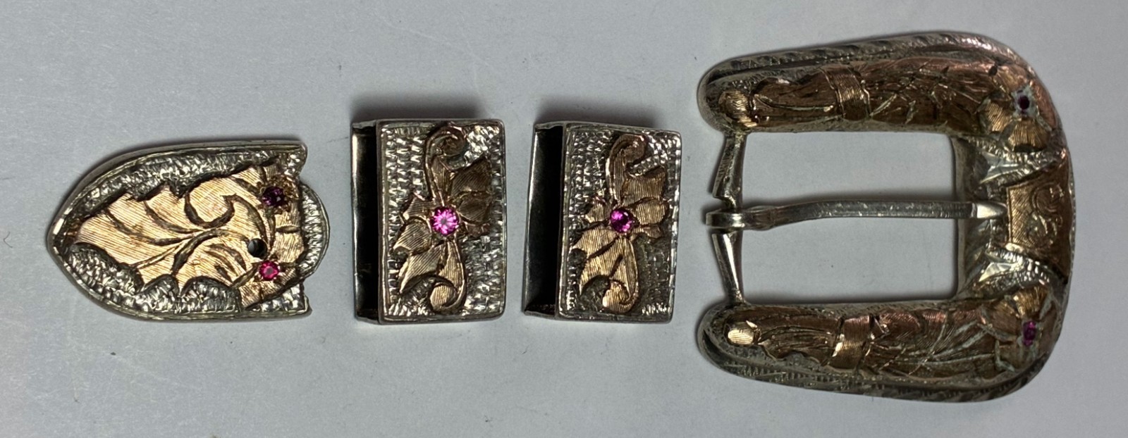 Sterling RMS Mexico Two Tone Buckle Set Pink Stone Filigree 49mm x 43mm