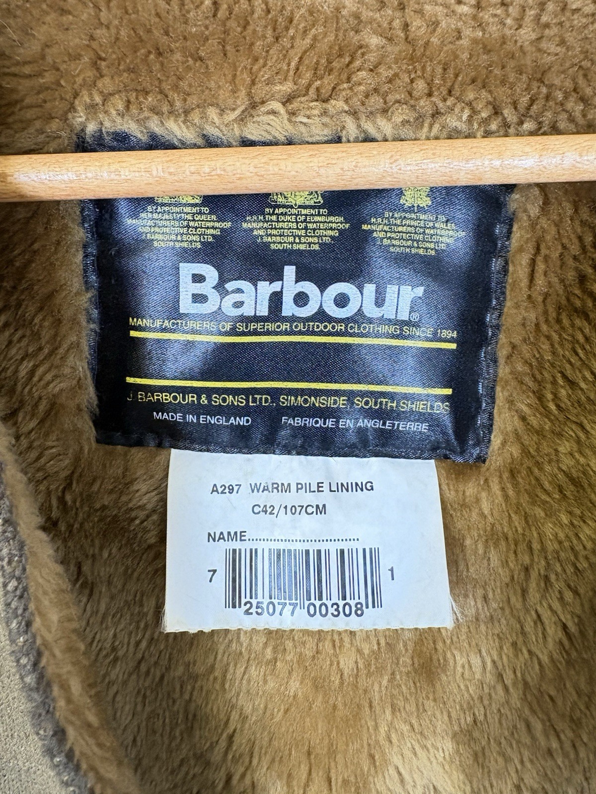 Barbour A295 Acrylic Jacket Lining Size C42 107cm Brown Shearling Warm Pile