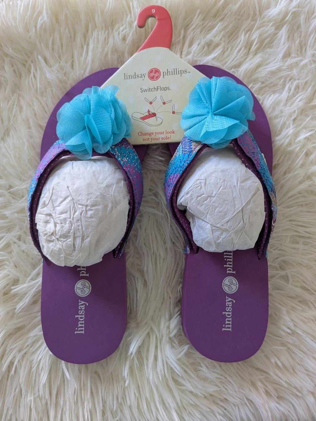 Lindsay Phillips Lulu Purple SwitchFlops Size 9 NWT Blue Flower Flip Flops