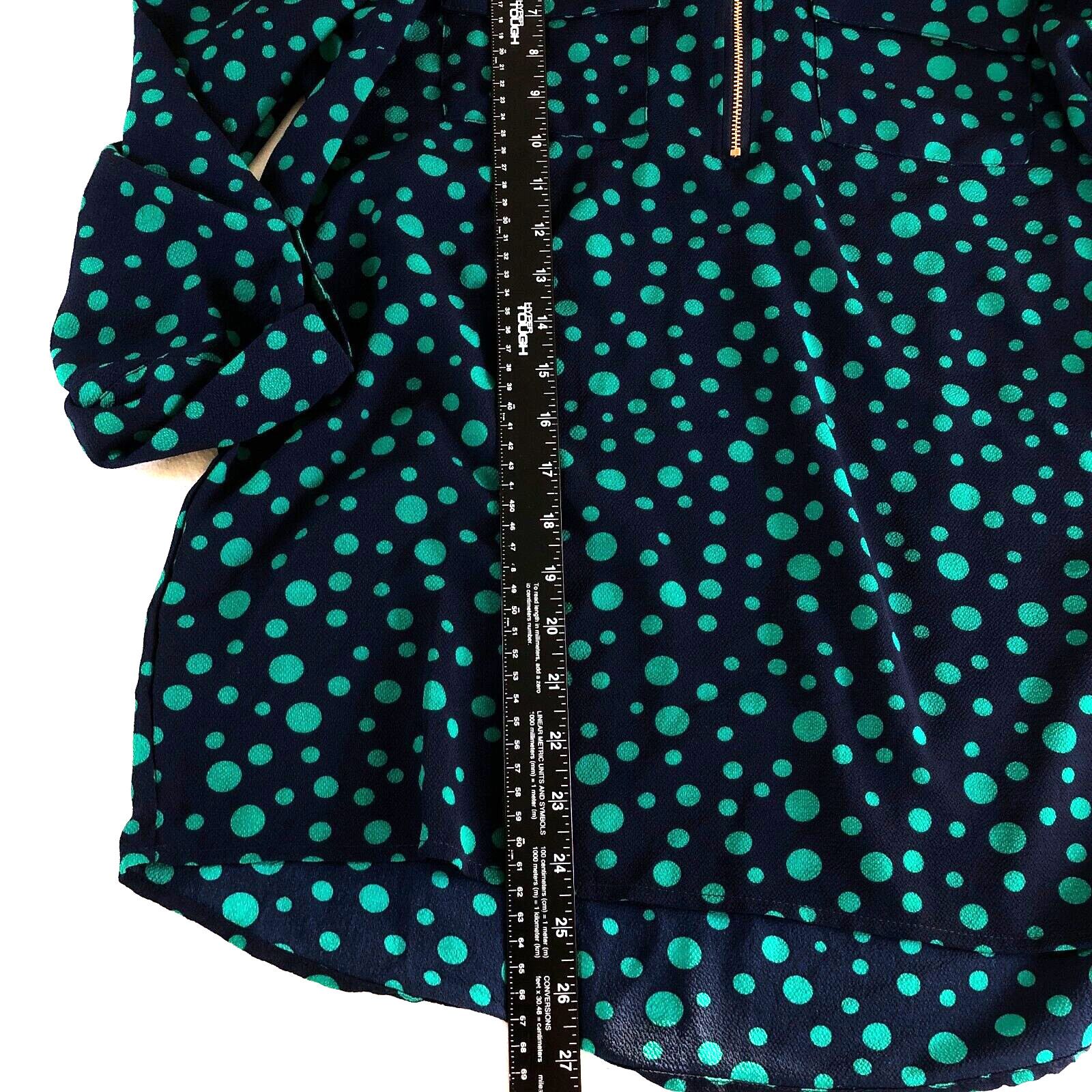 Cathy Womens Top Sz M Blue Polka Dot Front Zip 3/4 Sleeve Pockets Stretch NWOT