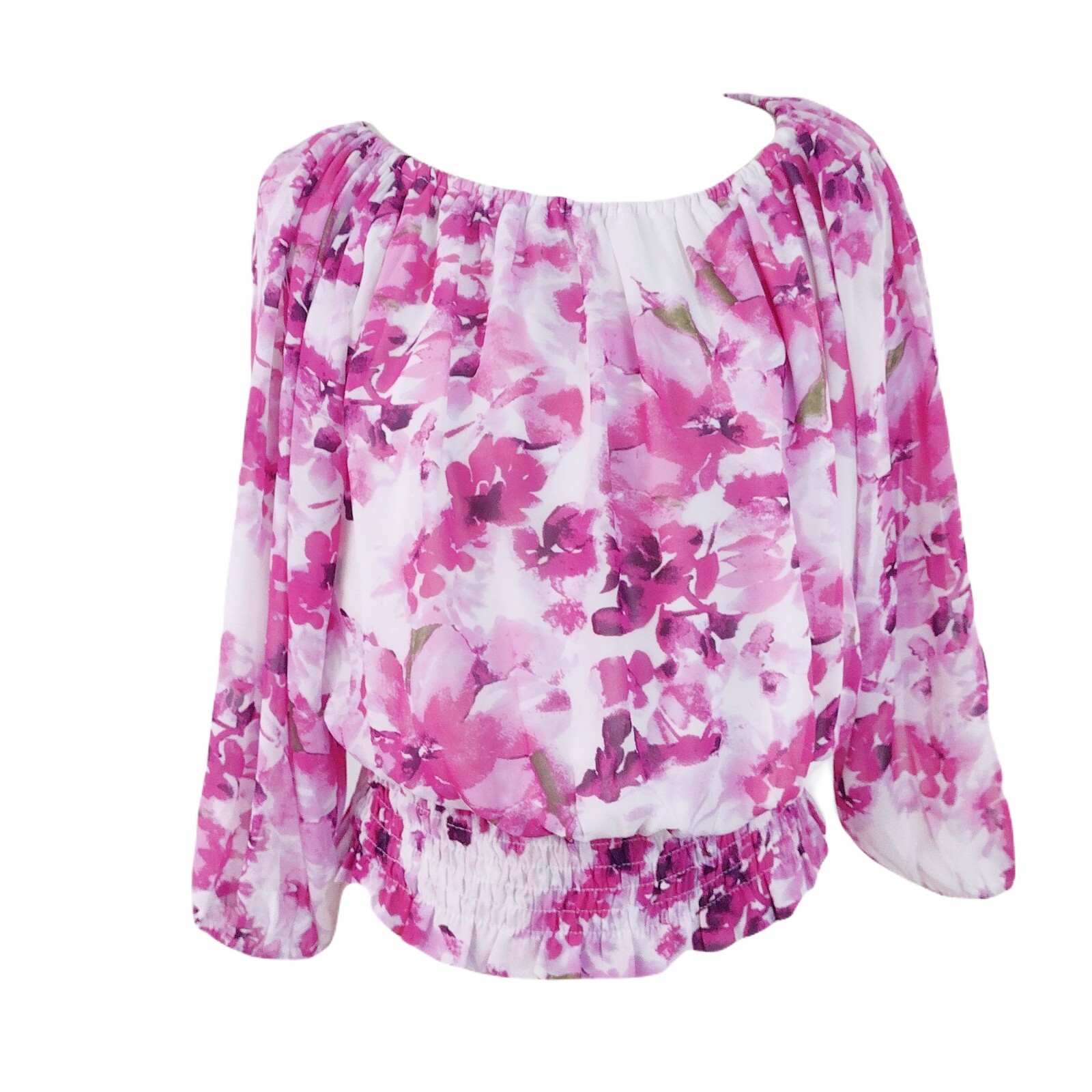 Colleen Lopez Womens Top Small Pink Floral Off Shoulder 3/4 Sleeve Boho