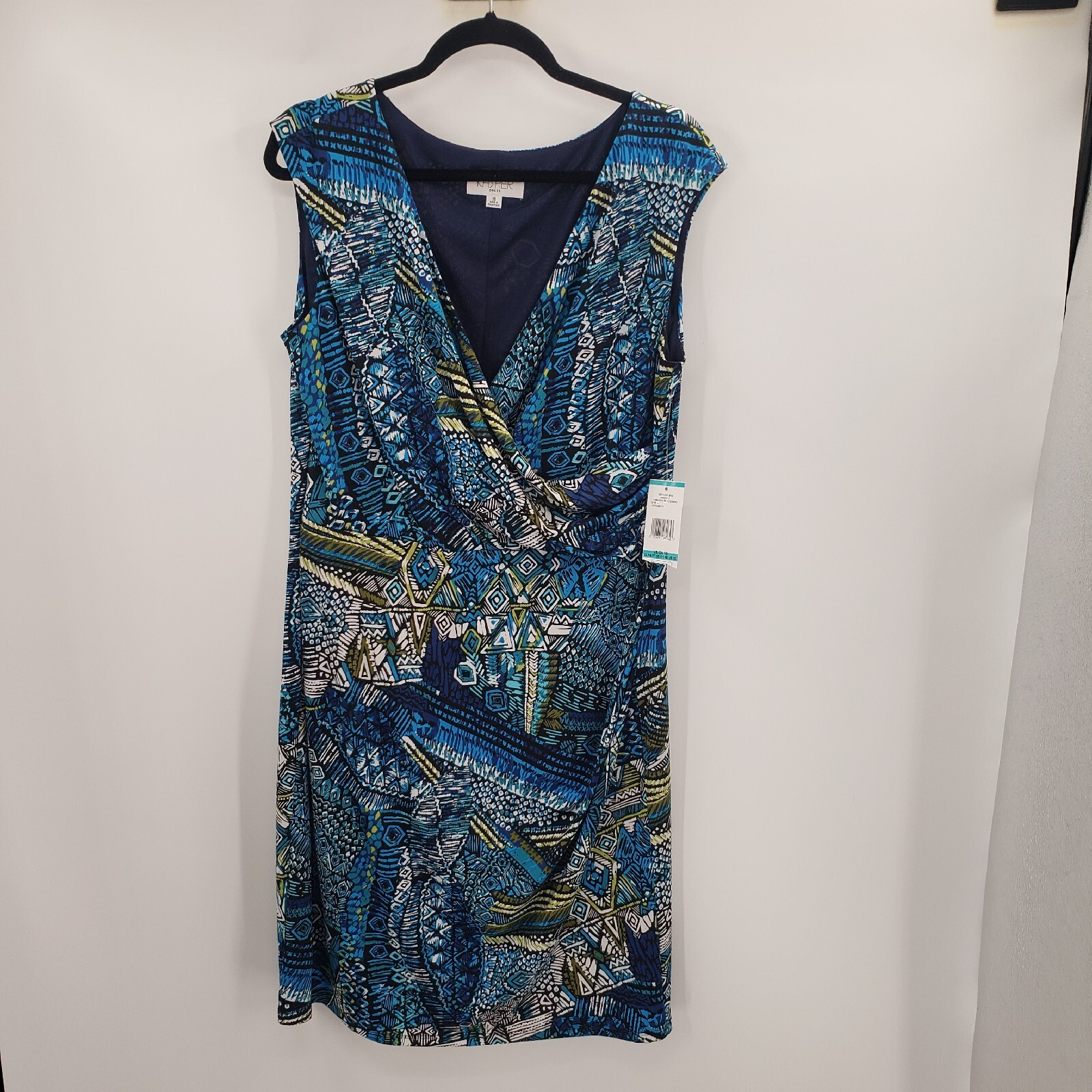 Kasper Sleeveless Sheath Dress Womens Size 16 Geometric Print Faux Wrap